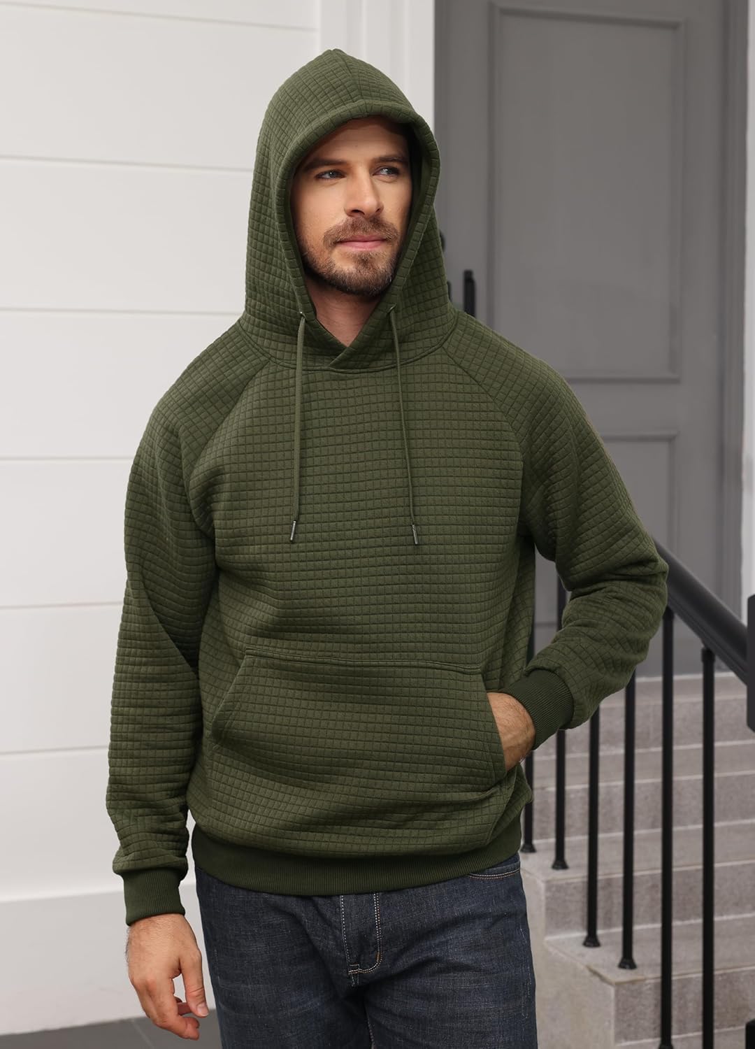 ZTN Mens Hooded Sweatshirt Long Sleeve Quilted Sweatshirt Casual Fashion Pullover Hoodies Warm Lightweight with Pockets - Image 2