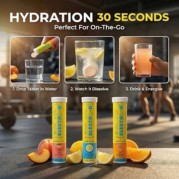 Electrolyte Tablets | 60 Servings (3 Tubes) | Zero Sugar & Low Calorie for Rapid Hydration | Peach, Lemon & Orange Flavour Mix | Vegetarian Hydration for Sports & Workout Recovery