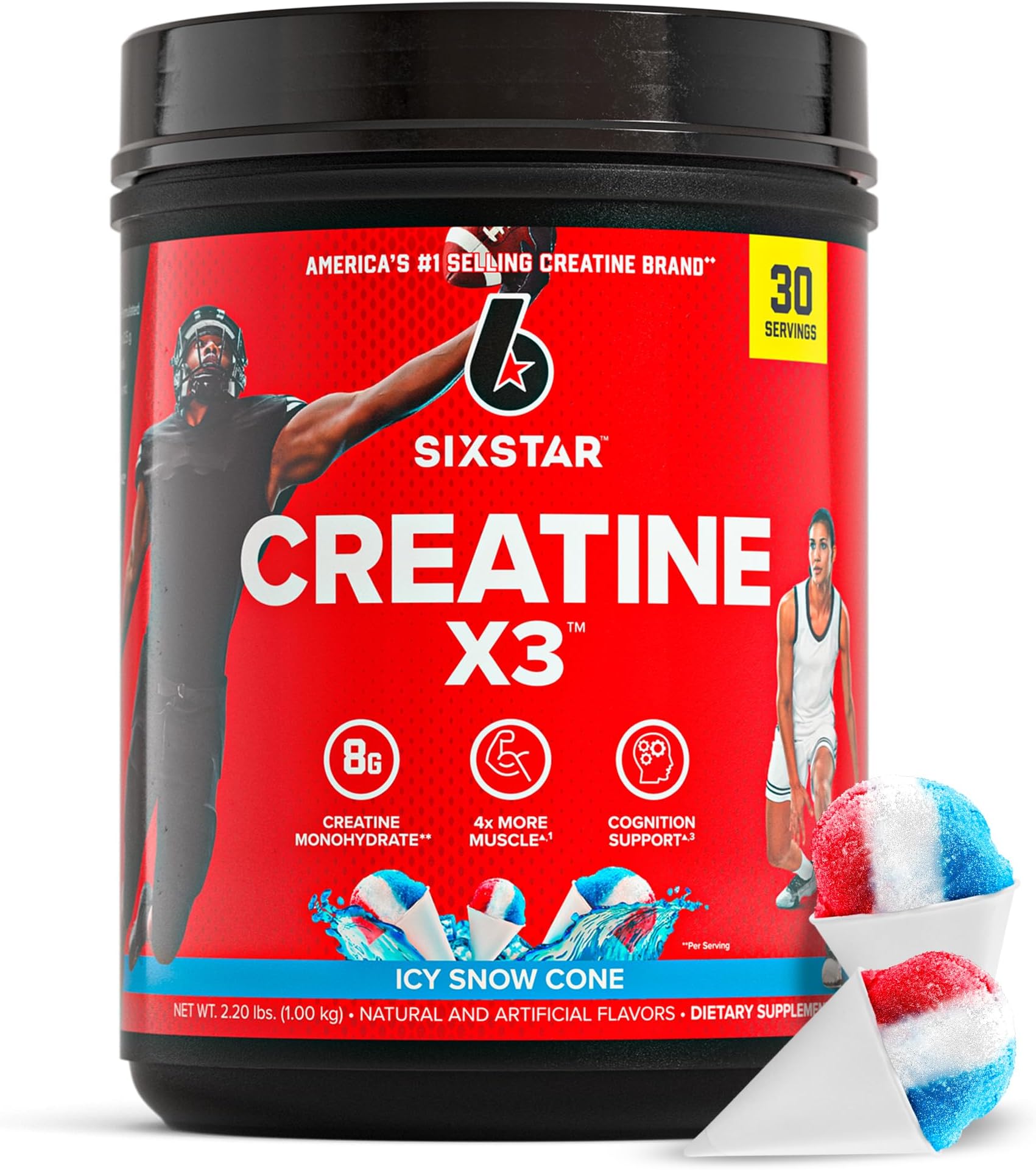 Six Star Creatine Monohydrate Powder, X3 (ICY Snow Cone) - Flavored Creatine HCl Powder Monohydrate Supplement for Muscle Building & Performance - Post Workout Supplement for Men & Women - 30 Servings