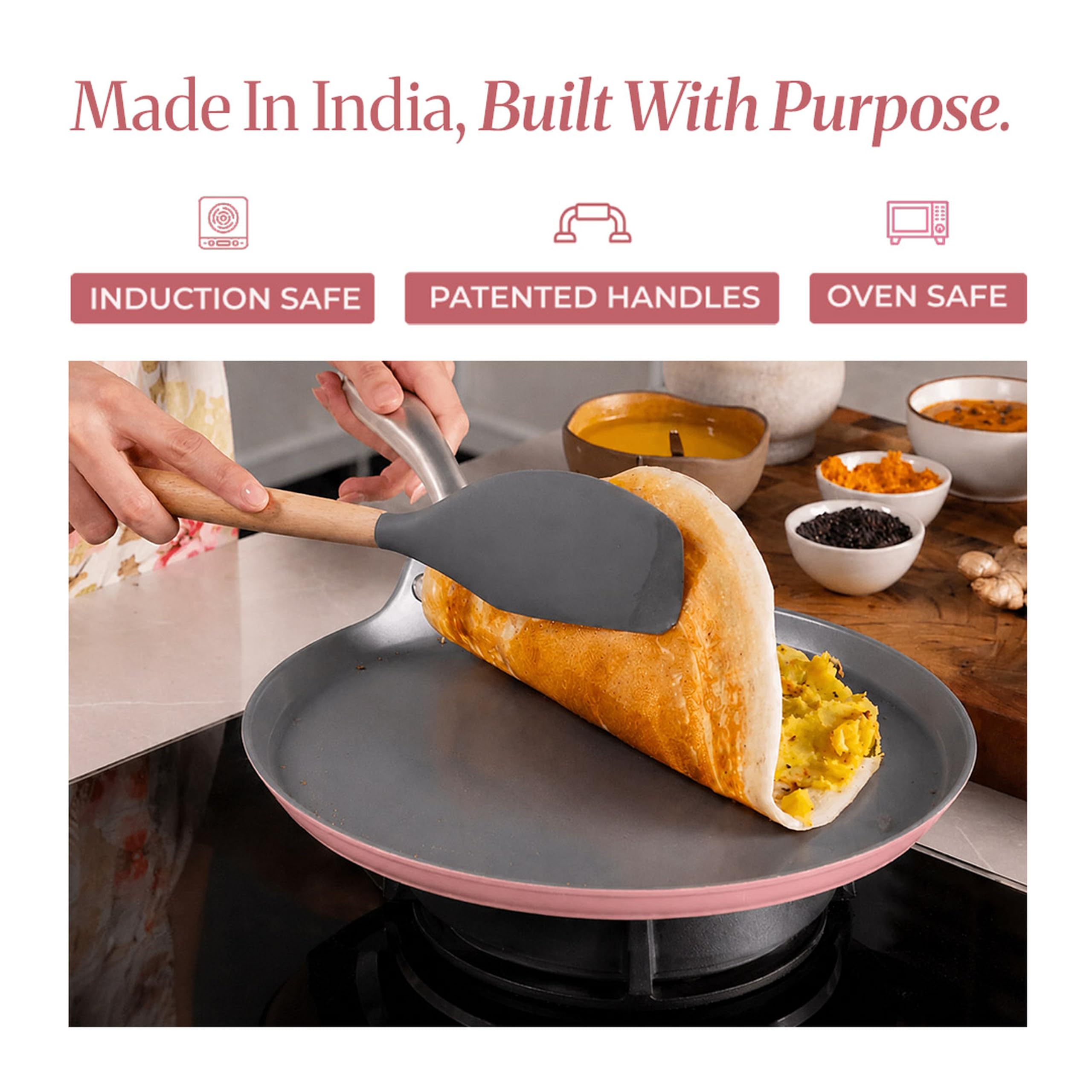 Asai Ceramic Dosa Tawa - Non Stick, Pink -7