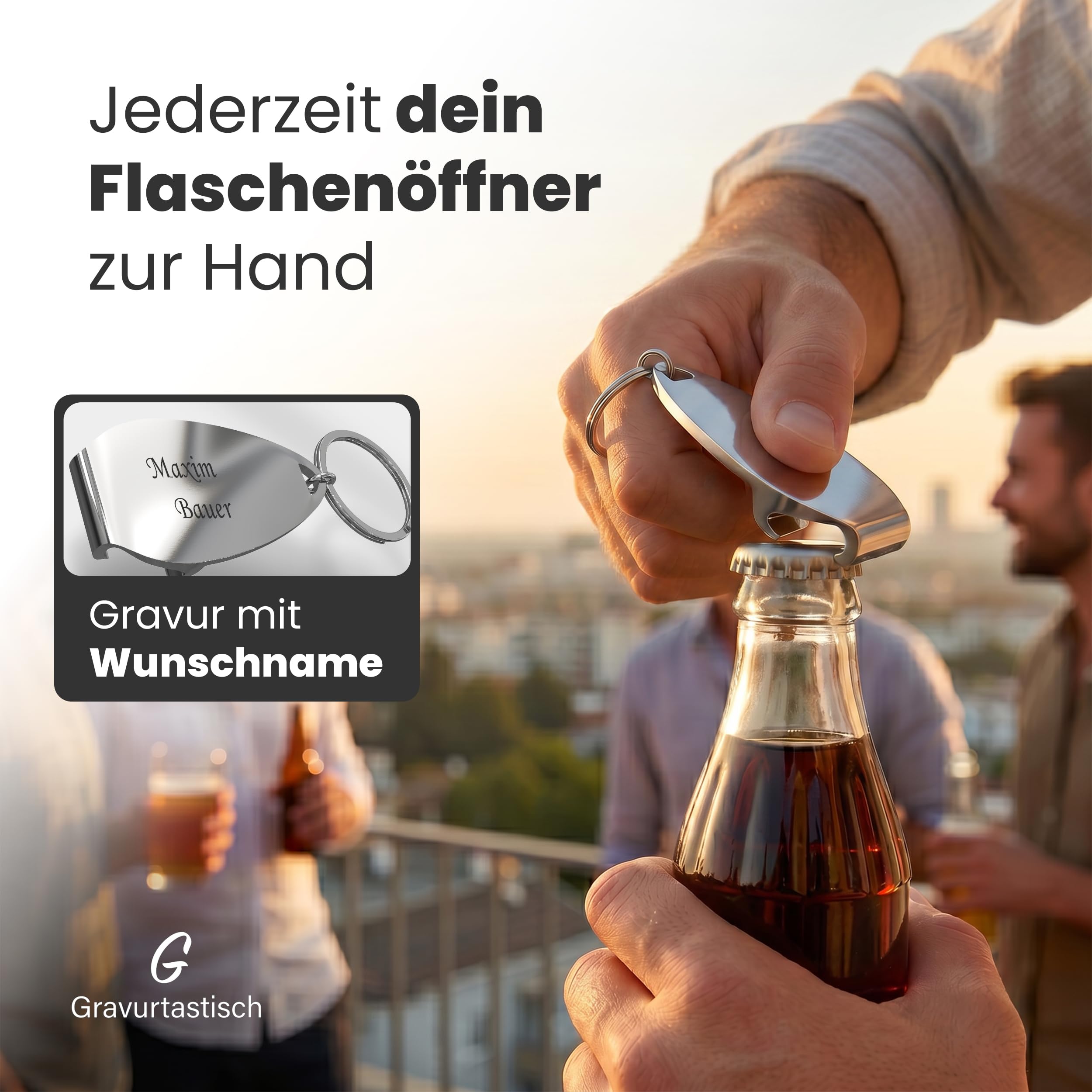 Gravurtastisch Flaschenöffner personalisiert mit Gravur - Bieröffner mit Wunschtext - Geschenk für Papa und Männer - Vatertag Hochzeit Gastgeschenk - Edelstahl (250)
