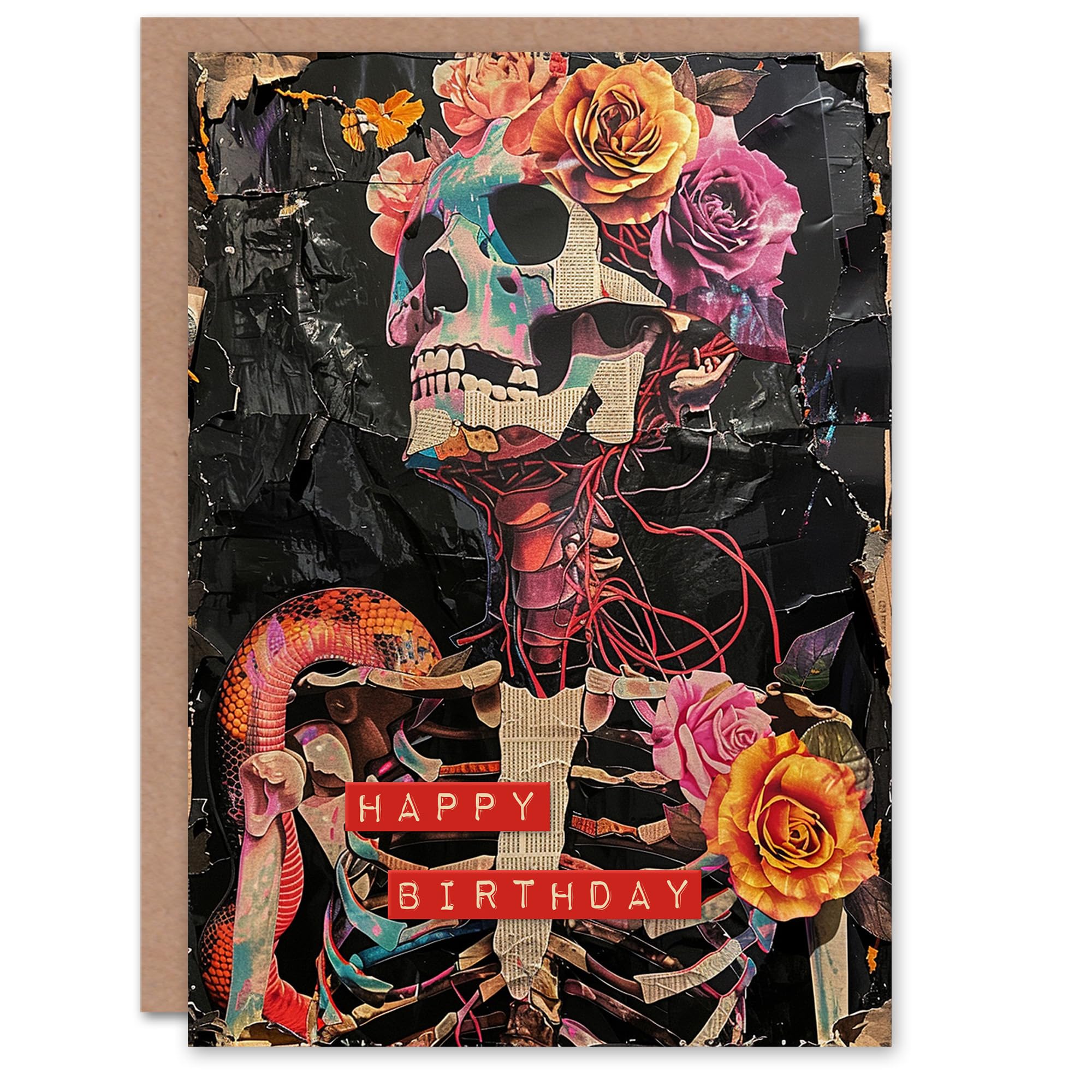 Artery8 Birthday Card Floral Gothic Memento Mori Skeleton Collage For Her Gran Sister Niece Daughter Wife Woman Greeting Card
