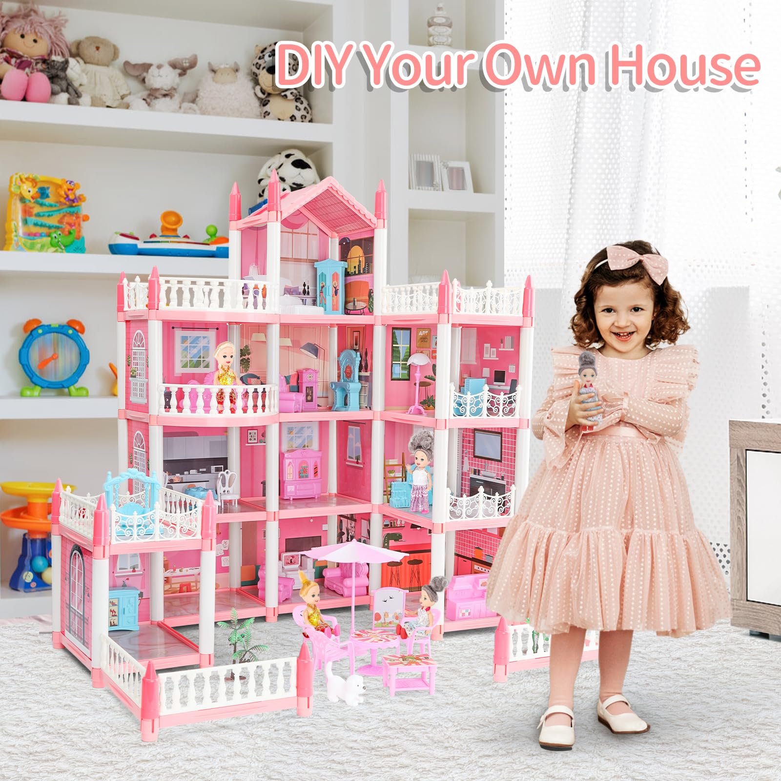 Casa de Muñecas para Niñas, 11 Habitaciones de 4 Pisos con 4 Muñecas y Accesorios de Mobiliario y Luces Intermitentes, Casa de Muñecas Princesa Juguetes Regalo para 3 4 5 6 7 8 Años de Edad