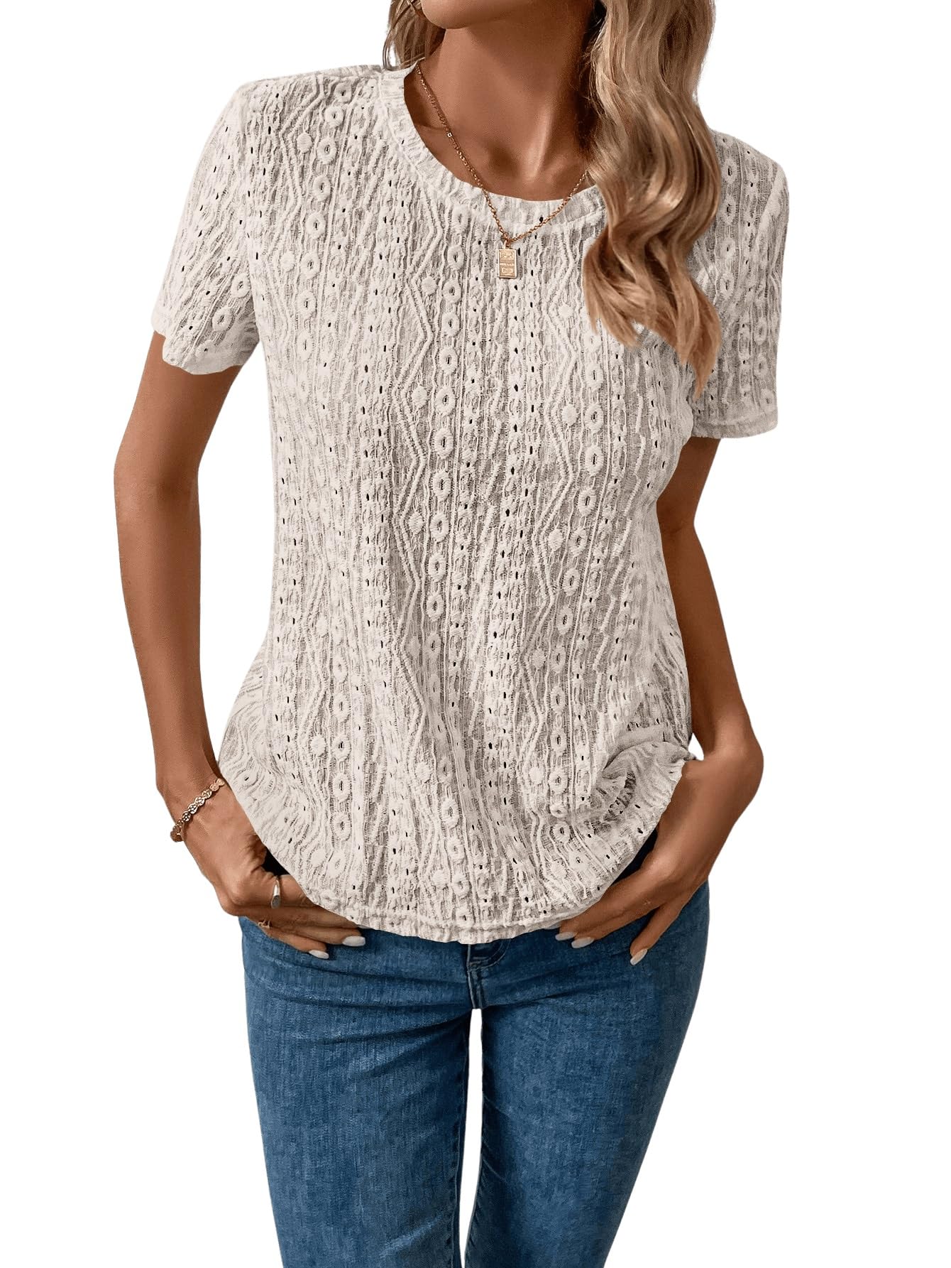 SweatyRocks Women's Eyelet Embroidery Short Sleeve Tops Shirts Solid Crewneck Retro Plain Casual Holiday T-Shirts