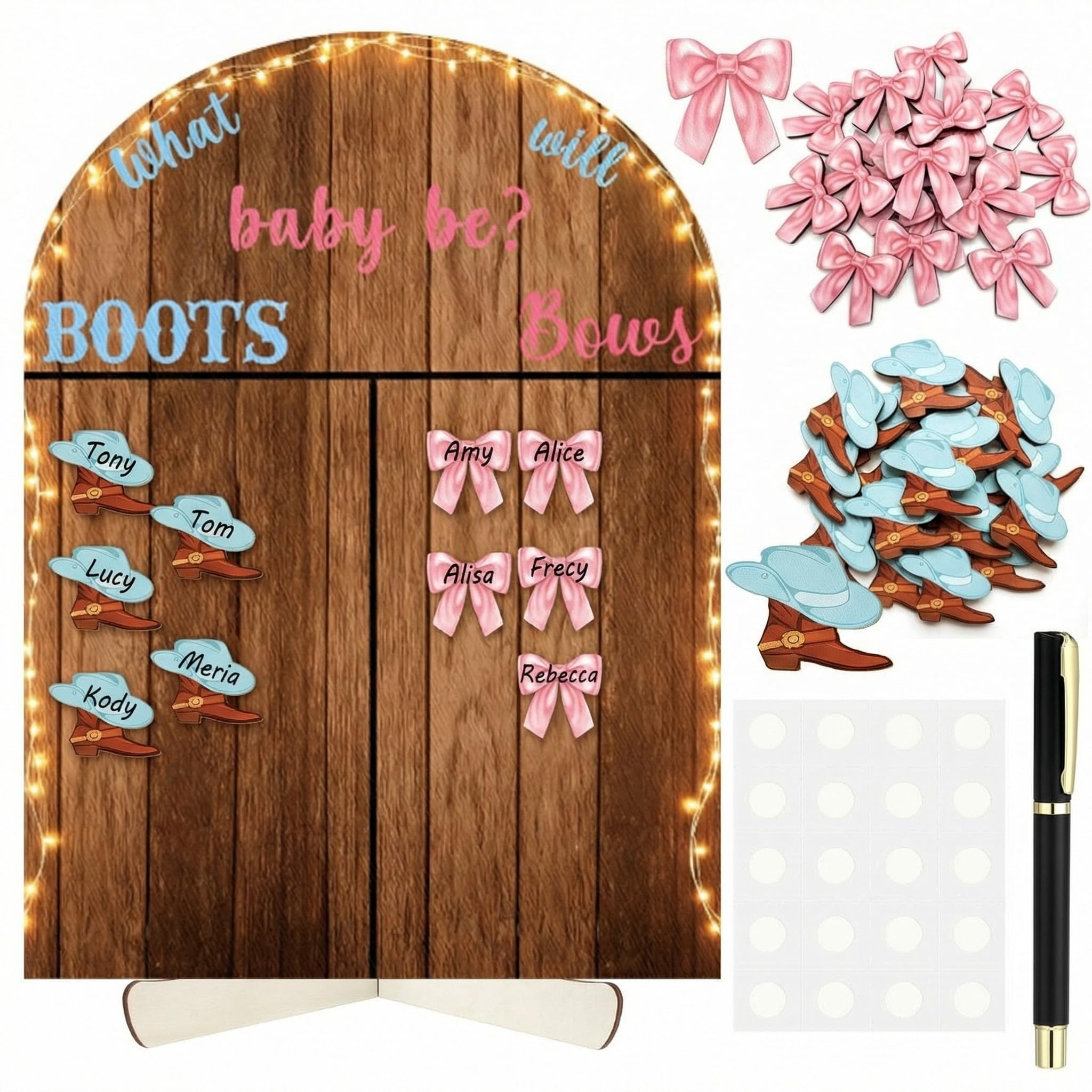 Photo 1 of **MISSING PIECES*** AceOrbit 63 Pcs Boots or Bows Gender Reveal Decorations Voting Board with Stand, Western Boy or Girl Gender Reveal Game Ideal Party Supply, 60pcs Wood Chip with Pen, Guest Book Alternative Baby Shower