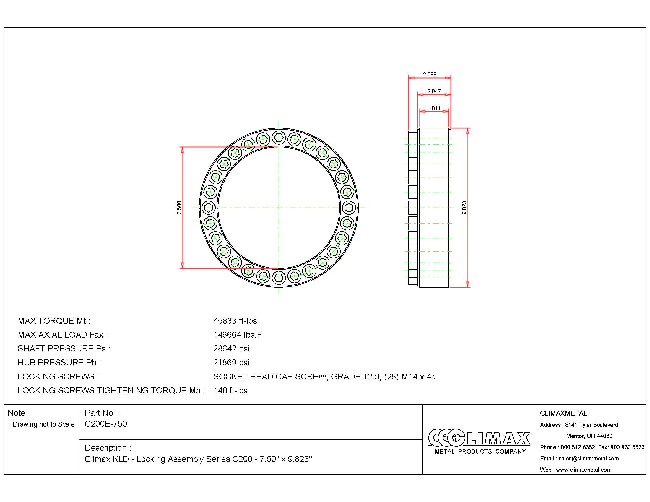 Climax Metals C200E-750 Series 200 Locking Assembly, Steel, 7.5