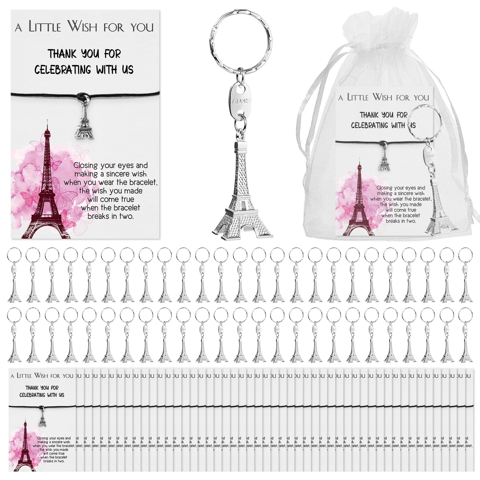 Equsion 50 Sets Paris Partygeschenke, Großpackung Eiffelturm, Schlüsselanhänger, Armbänder, Dankeskarten mit Tasche, 16 Partygeschenke