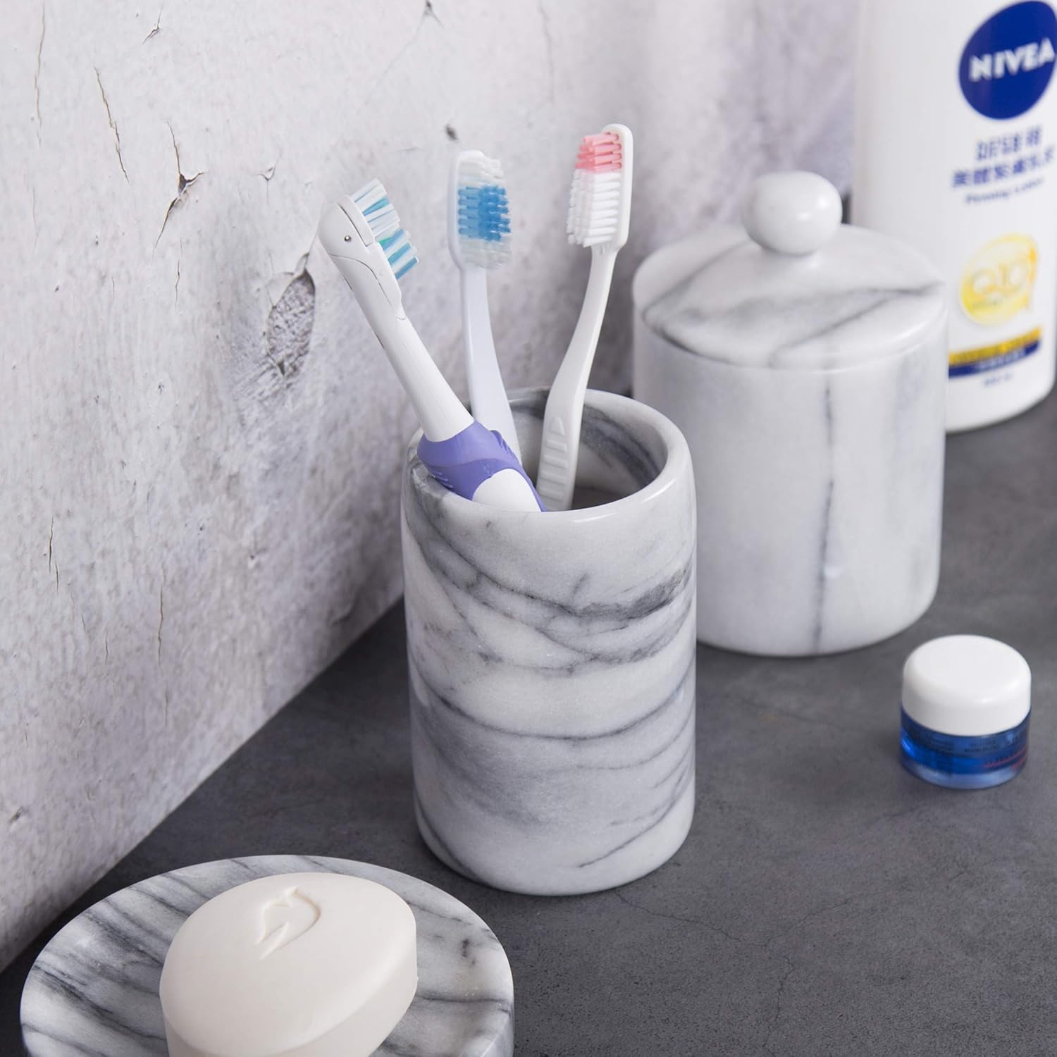 Luxury Hand-Carved Natural Marble Toothbrush & Makeup Brush Holder – Heavy-Duty Taiwan Yushan Stone for Bathroom, Vanity, Office & Desk Organizer (3.3” x 4.5”, Off-White)