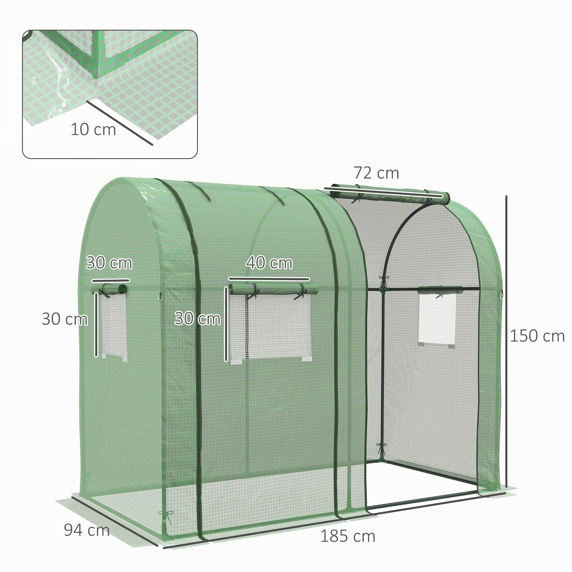 Outsunny Invernadero de Jardín Mini Invernadero con Anti-UV 4 Ventanas 2 Puertas Enrollables con Cremallera para Cultivo de Plantas Flores Tomates en Terraza Patio 185x94x150 cm Verde