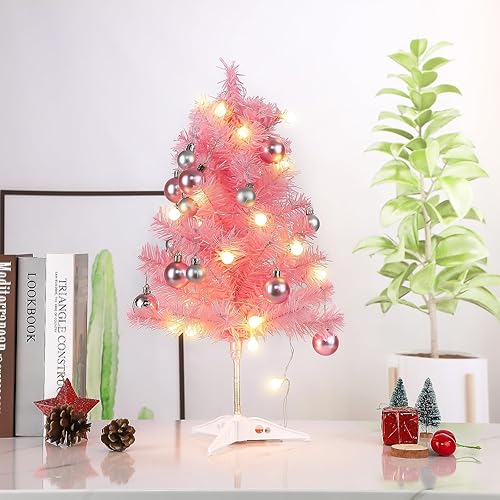 Miniatura 3 de Mini árbol de Navidad artificial de 24 pulgadas, árbol de Navidad de mesa rosa con luz y adorno, pequeño árbol de Navidad de escritorio preiluminado
