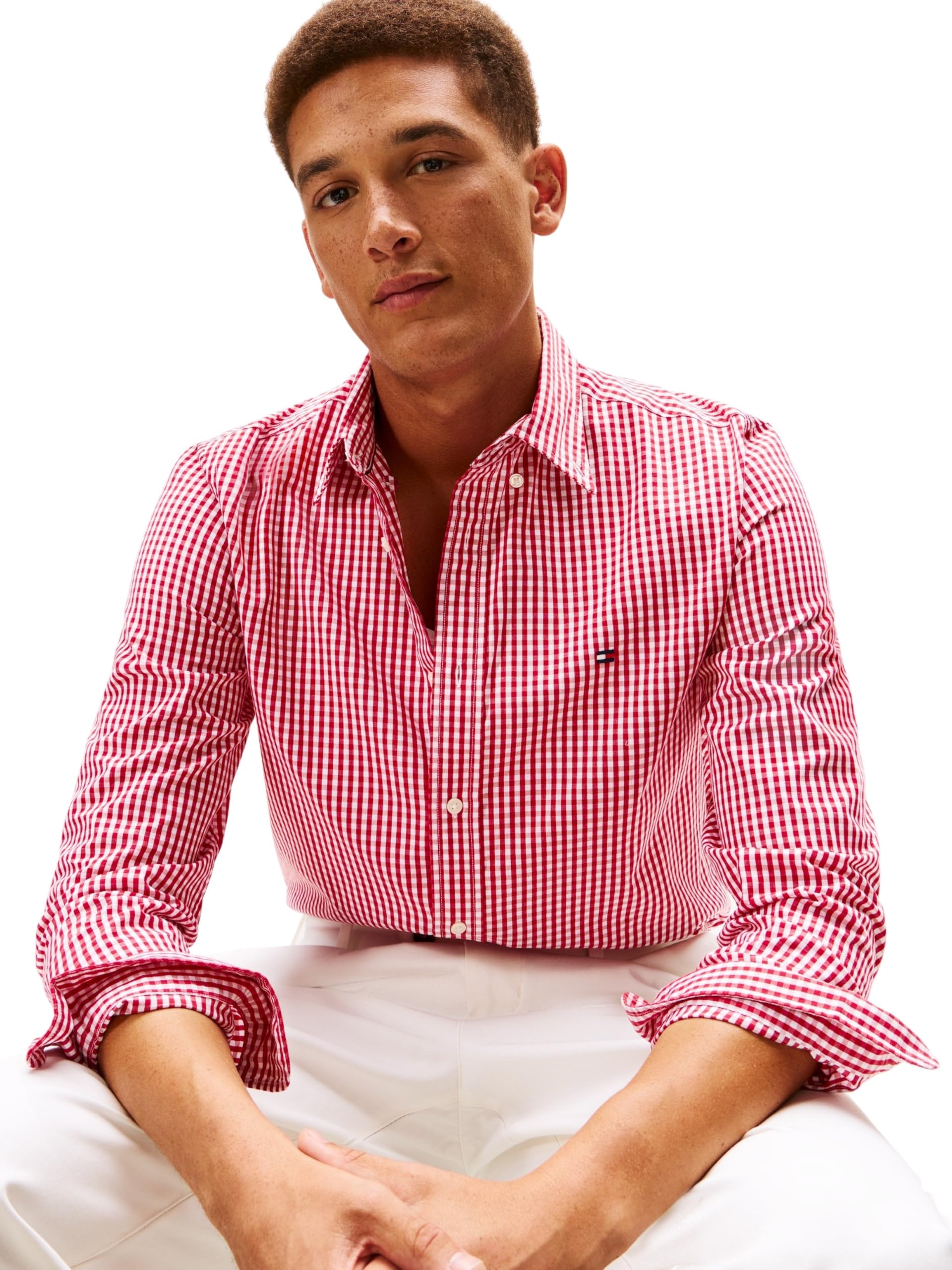 Tommy Hilfiger Flex Poplin Big Gingham RF Shirt Mw0mw41713 Koszula L/S, czerwona (Medium Red/Plaid), L męska, Czerwony (średni czerwony/w kratkę), L