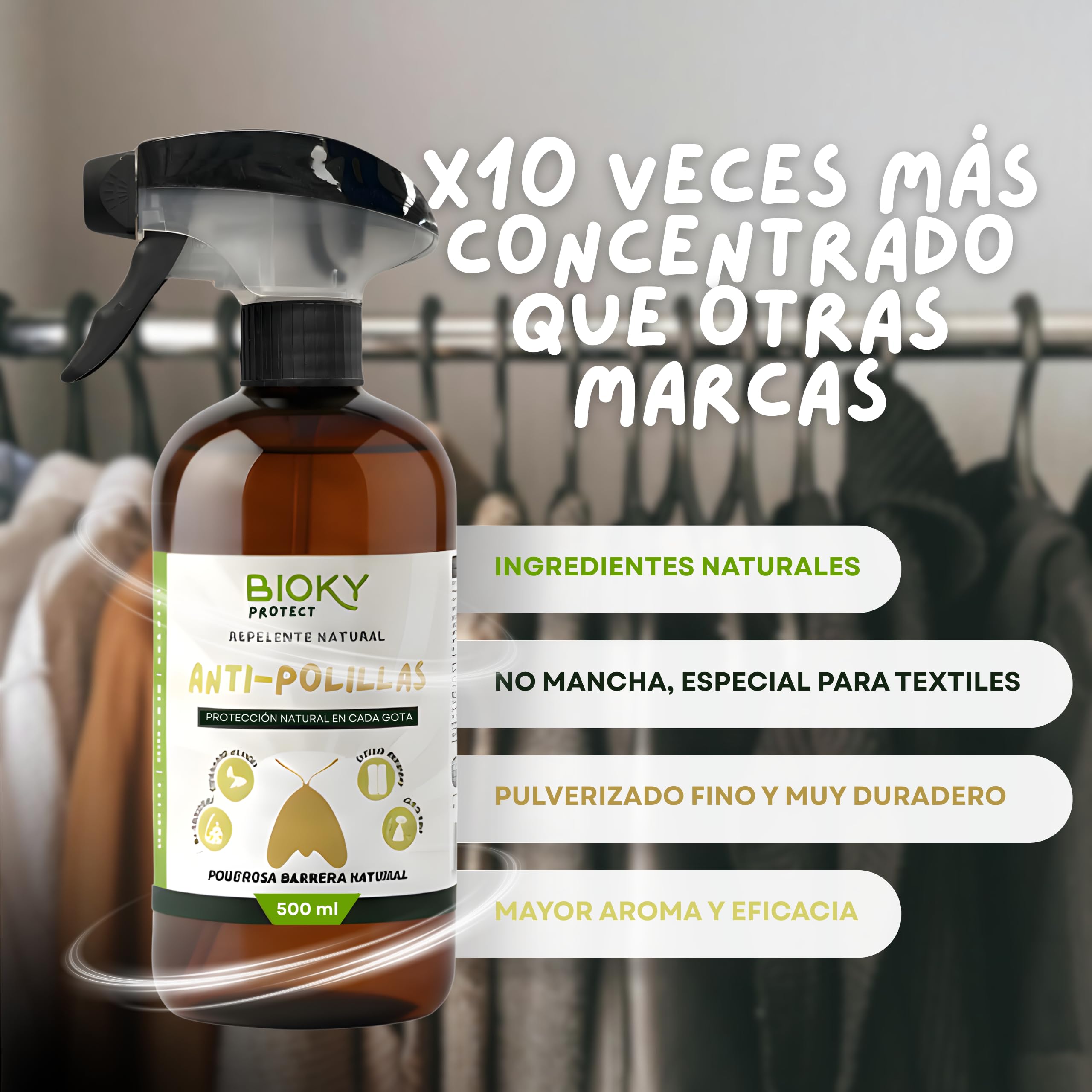 Protect | Spray Anti-Polillas para Ropa 500ml | Repelente Ideal para Armarios, Cajones y Fibras Naturales | con Aceites Naturales | x10 veces Más Concentrado | No Mancha