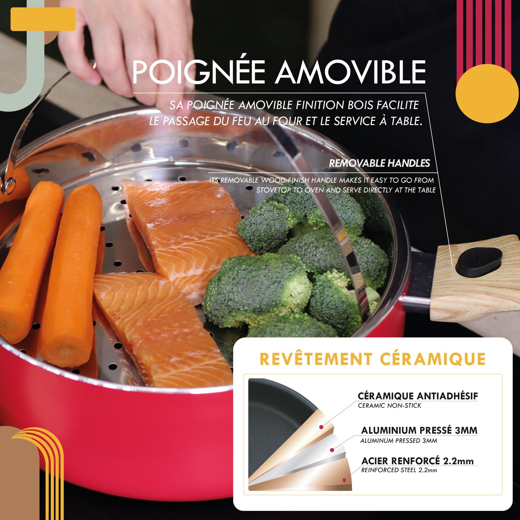MENASTYL - Set culinaire multi-usages amovible Magenta 28cm en aluminium - Ustensile tout-en-un compatible tous feux et lave-vaisselle - Revêtement en céramique - 6020895