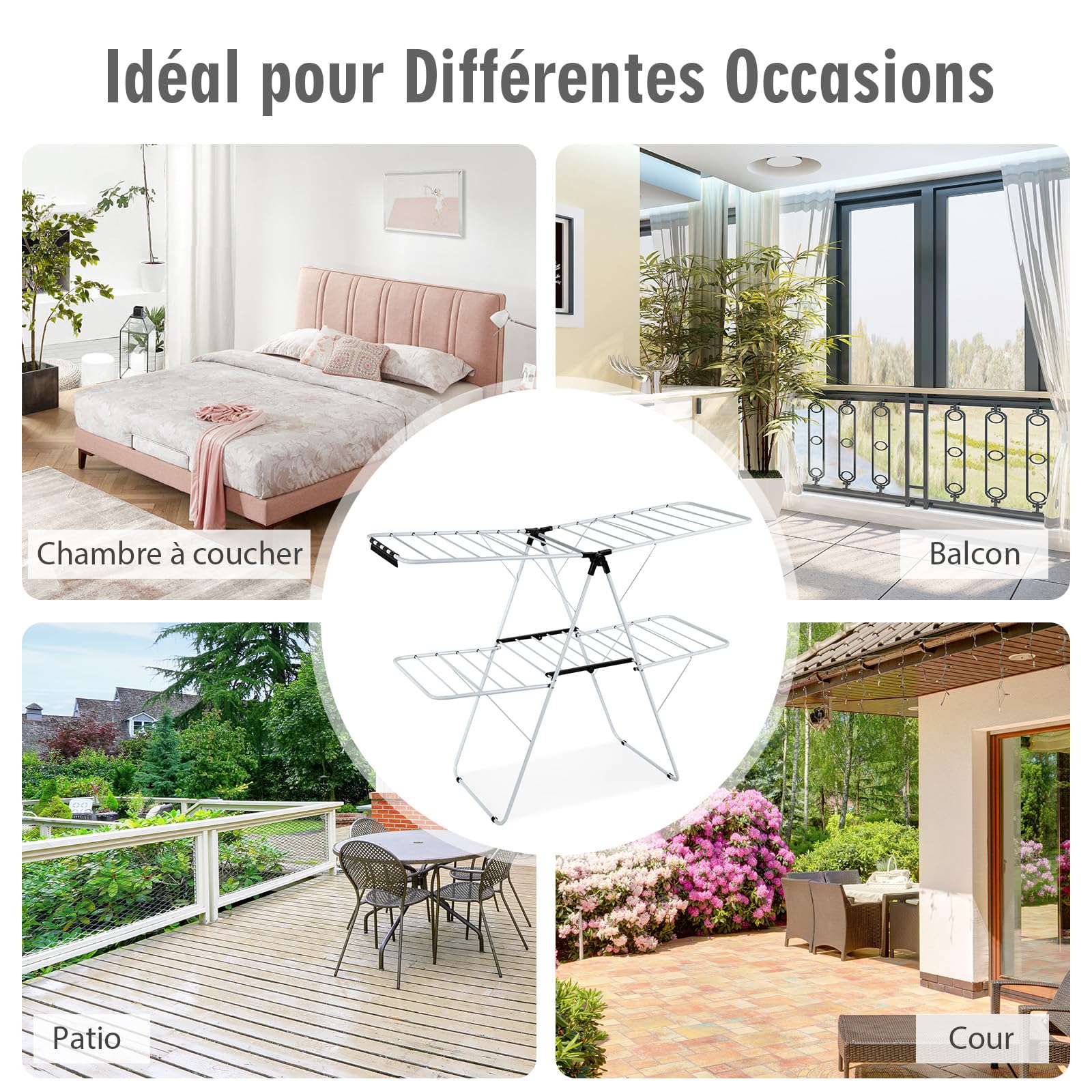 COSTWAY Sechoir à Linge Pliable, Etendoir Linge Interieur en Acier 2 Niveaux, Tancarville Linge Solide avec 33 Barres, 26 Pinces à Chaussettes, Seche Linge Intérieur Extérieur