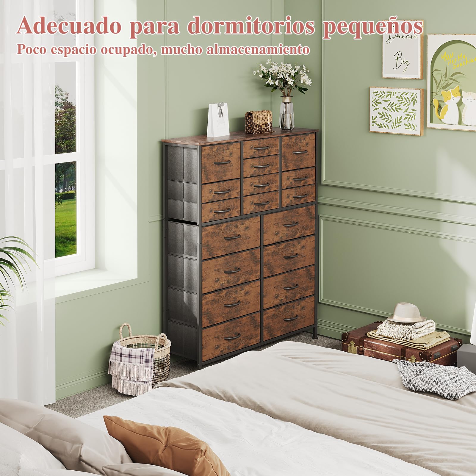 CAIYUN Cómoda con 18 cajones de tela, cómoda para dormitorio, cómoda, salón, armario de almacenamiento, con marco de acero resistente, tablero de madera (marrón vintage)