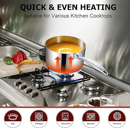 Miniatura 7 de Homikit - Juego de 6 cacerolas de acero inoxidable 1810 de 1 cuarto de galón, 2 cuartos y 3 cuartos de galón con tapas, antiadherentes de tres capas