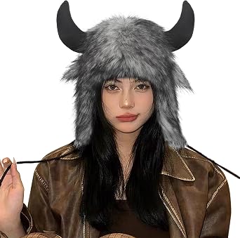 Holiberty Cute Animal Horns Ears Winter Hat Plush Fur Warm Trapper Hat Funny Viking Christmas Halloween Costume Snow Ski Hat