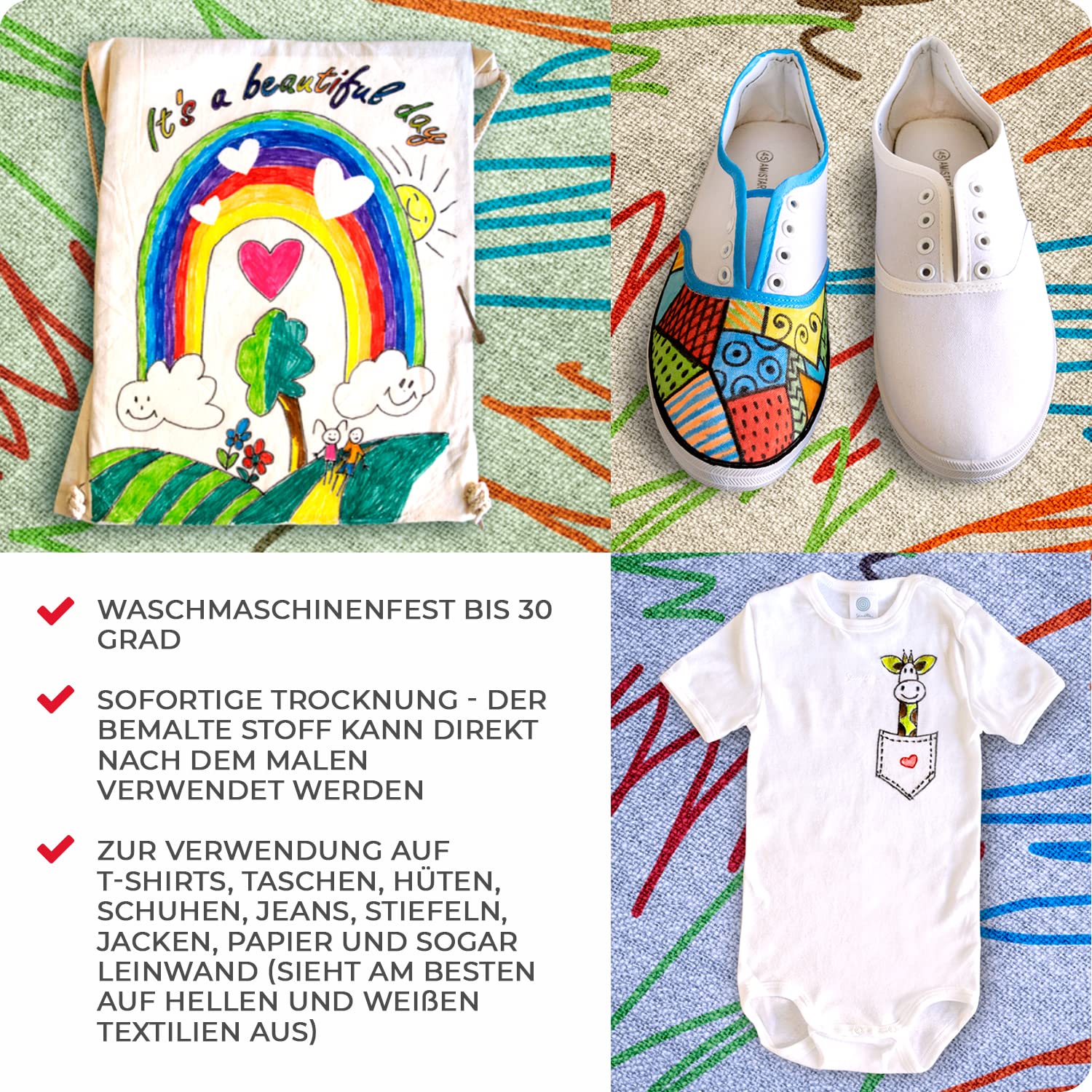 colozoo Textilfarbe & Textilstifte Set für Kinder & Hobby-Künstler | 44-teiliges Stoffmalfarben Bundle Waschmaschinenfest inkl. Neon & Metallic Farben