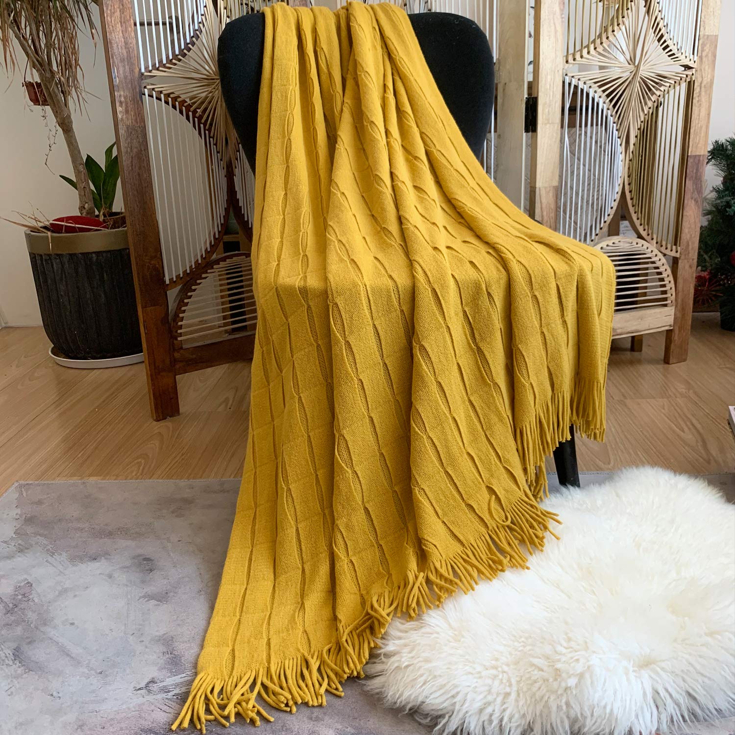 DISSA Knitted Blanket Super Soft Textured Solid Cozy Plush Lightweight Decorative Throw Blanket with Tassels Fluffy Woven ...