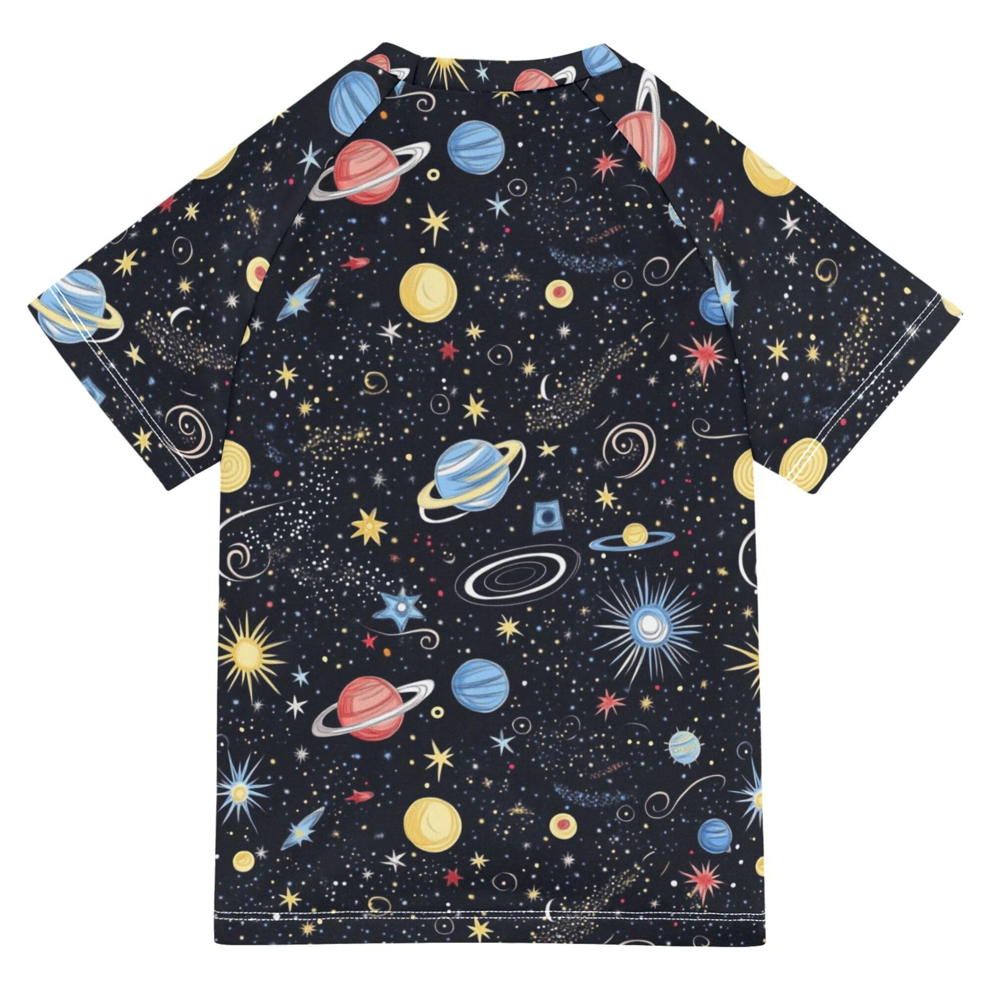 Space Starry Sky Cosmic Planets Bathing Suit Kids UV Protection T Shirts Swimwear Beach Tops 3T