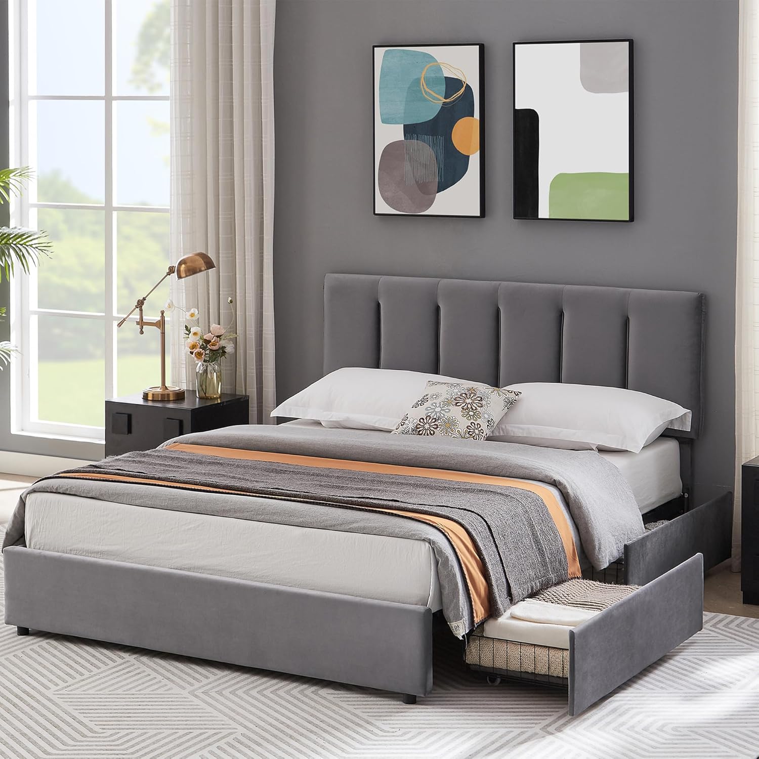 VECELO Queen Upholstered Bed Frame with 4 Storage Drawers