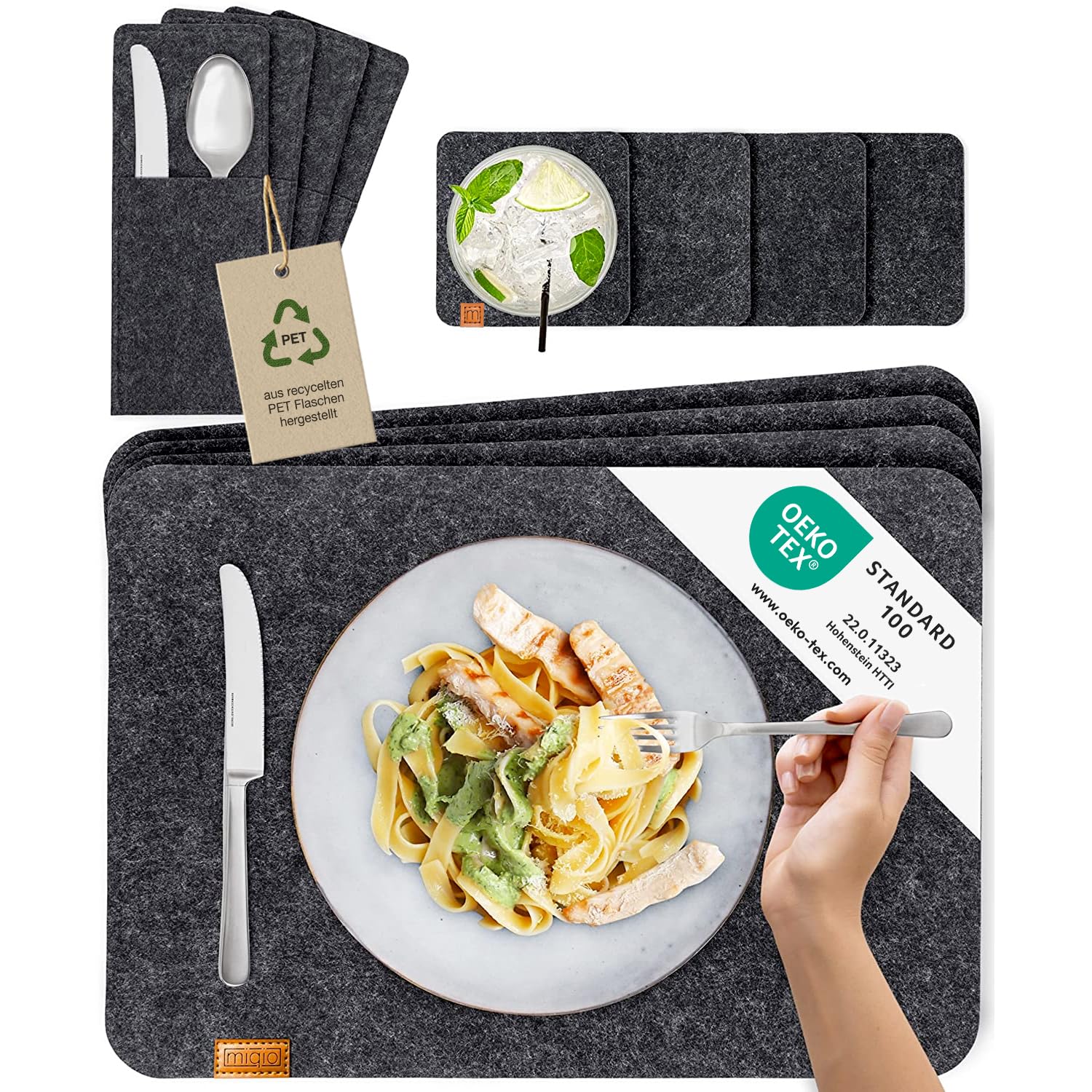 Miqio Dark Grey / Rectangular Miqioﾮ Scandi Style Felt Place Mats With Real Leather Label - Washable | Set Of 4 Felt Placemats 44X30 Cm, Cuttlery Bags, Glass Coasters | Table Mats For Easter Table Decoration | Dark Grey