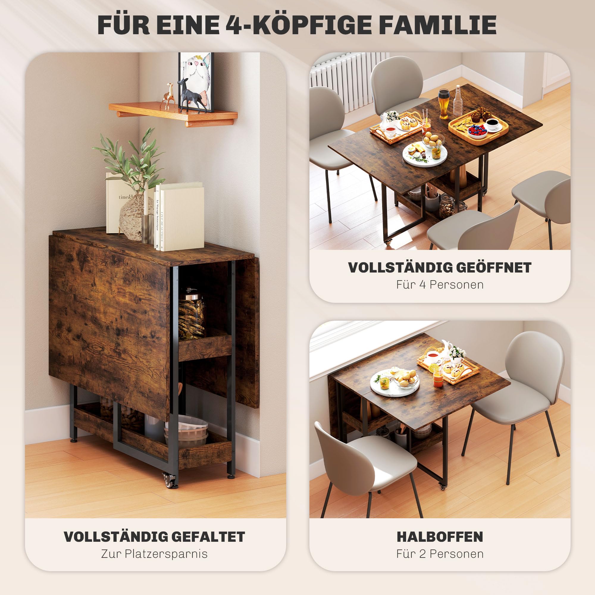 HOMCOM Esstisch Klappbar Küchentisch für 2-4 Personen mit 2 Offenen Ablagen, Esszimmertisch Klapptisch mit Rollen für Kleine Räume, Esszimmer, Küche 133,4 x 80 x 75 cm Rustikal-Braun