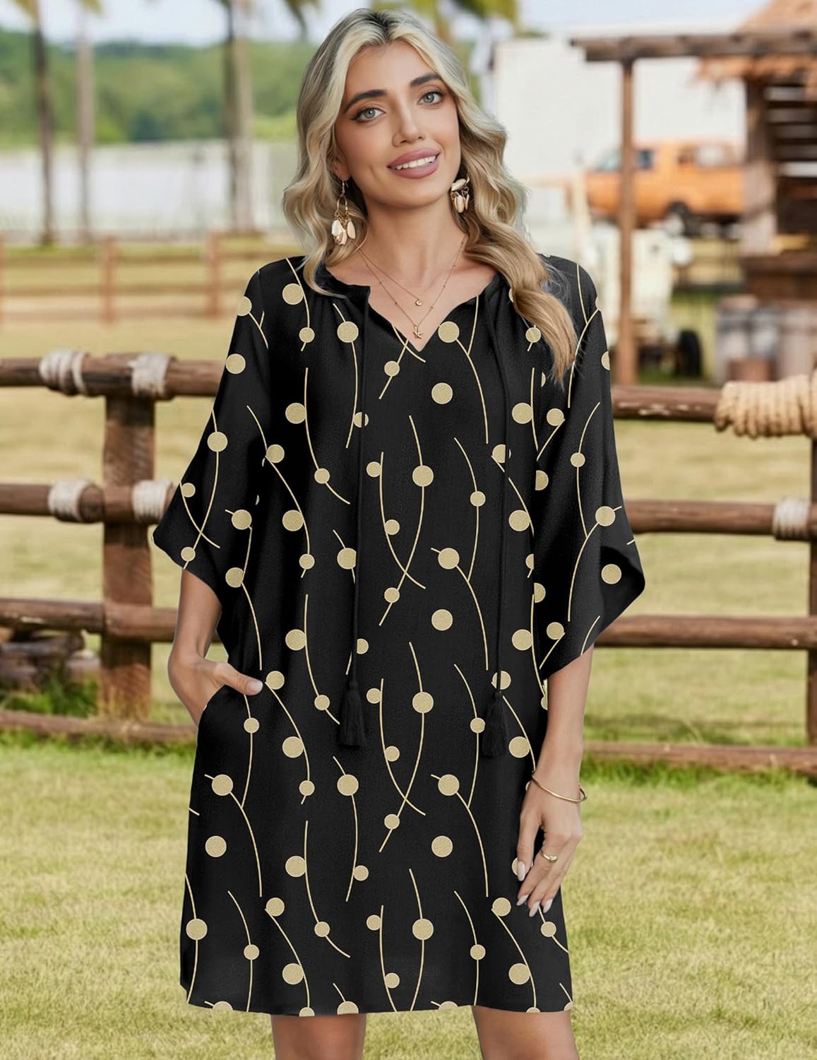 Zeagoo Womens Casual Summer Dress Boho Beach Dresses Tassel Tie Neck 2026 Floral Cover Up Spring 3/4 Sleeve Mini Sundress - Image 2