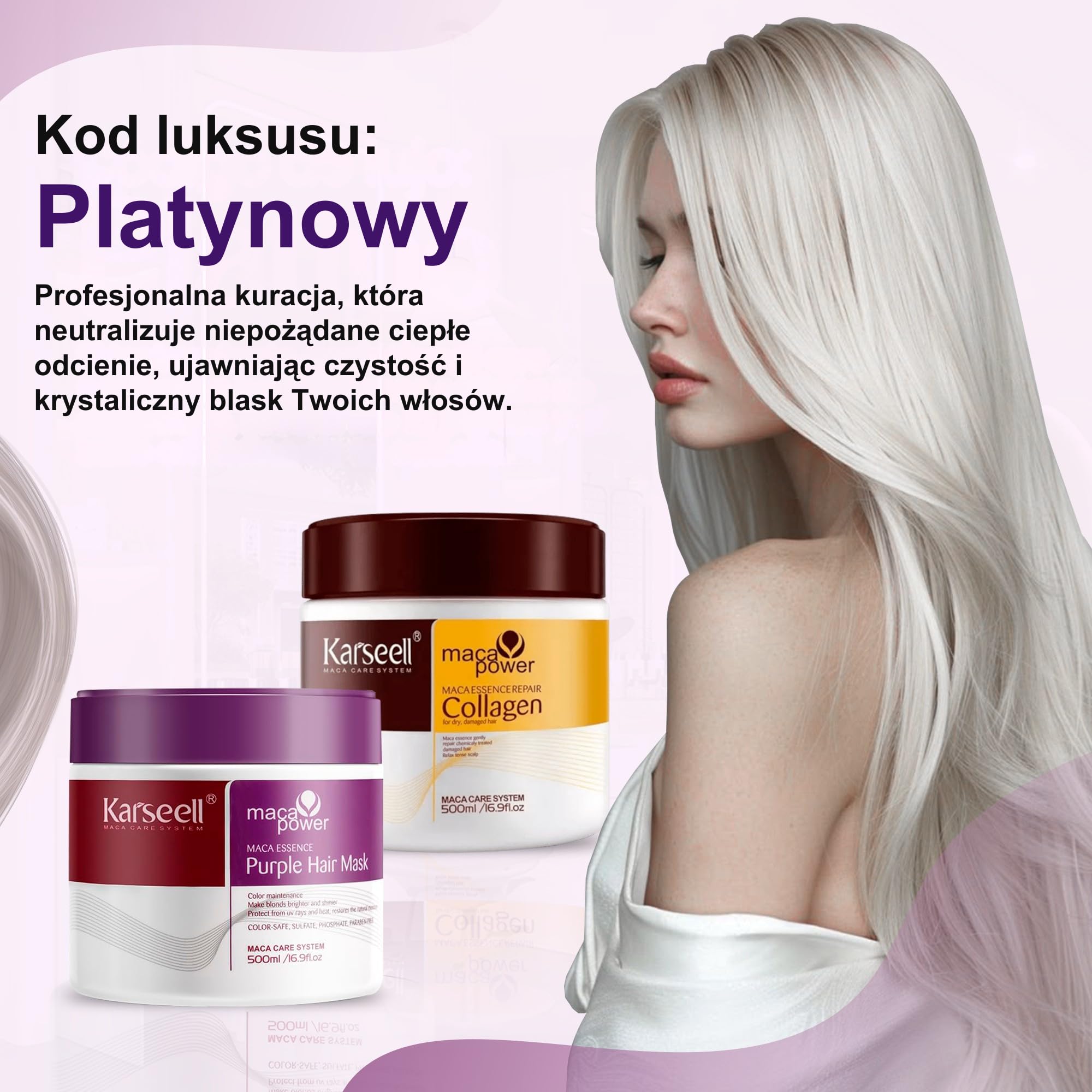 Karseell MACA CARE SYSTEM 1 Maska z Kolagenem + 1 Fioletowa Maska Tonująca Włosy Suche Zniszczone Farbowane Blond Siwe Rozjaśniane Regeneracja Nawilżenie Bez SLS 2 x 500ml