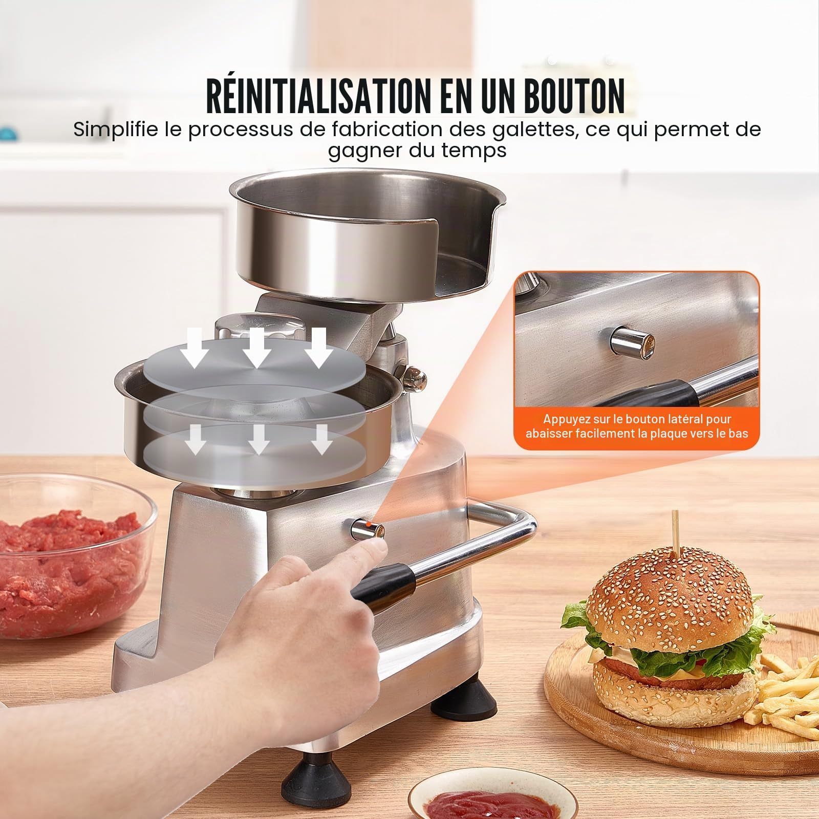 VEVOR Presse à Hamburger Commerciale 100/130/150 mm de Diamètre Machine à Burger Manuelle en INOX SUS304 Presse Steak Haché avec Poignée Ergonomique Papiers Gants pour Hamburgers Galettes Barbecue