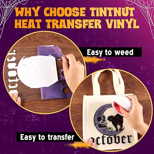 Miniatura 3 de Tintnut Halloween HTV - 12 hojas de vinilo de transferencia de calor de 12 x 10 pulgadas, color naranja, morado, verde, vinilo para planchar en