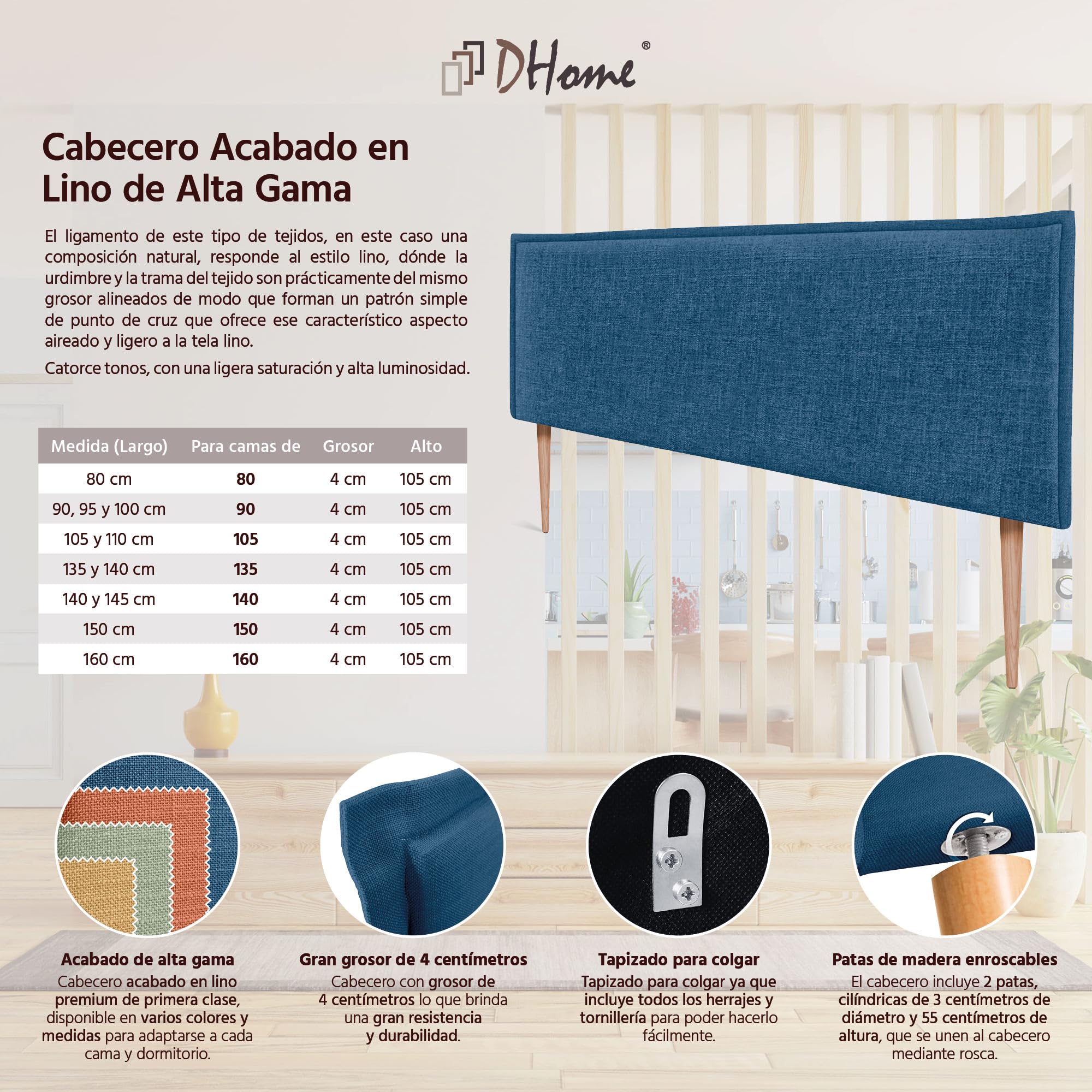 DHOME Testiera in lino naturale con bordo della testiera imbottito Letto moderno TOP TRENDING (Blu Navy, 160x105cm con Gambe (Letto 150/160))