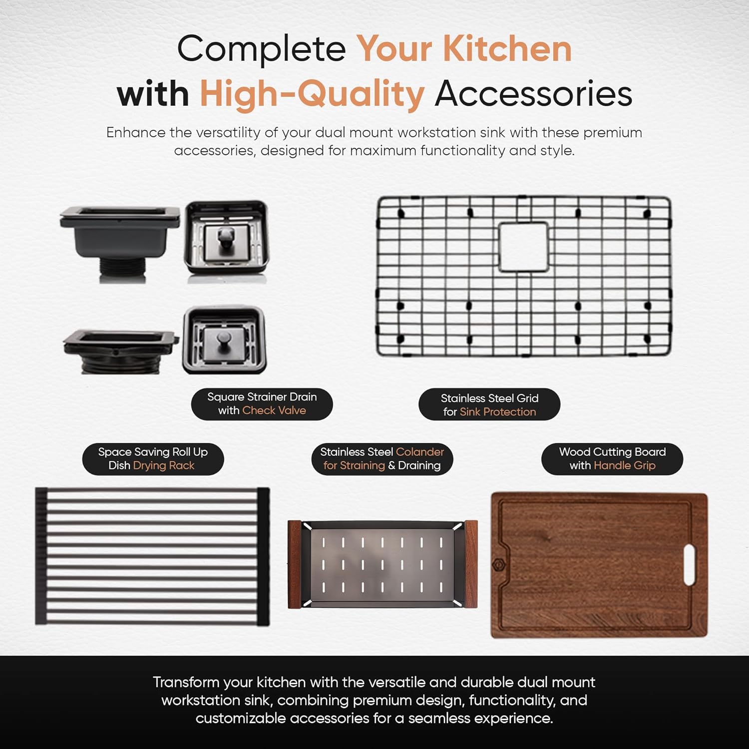 Strictly Sinks 25” Topmount Kitchen Sink Workstation - Black 16 Gauge Stainless Steel Drop In Kitchen Sink with Colander, Dish Drying Rack, Cutting Board, Grid, 1 Disposal Adapter, & 1 Strainer Drain