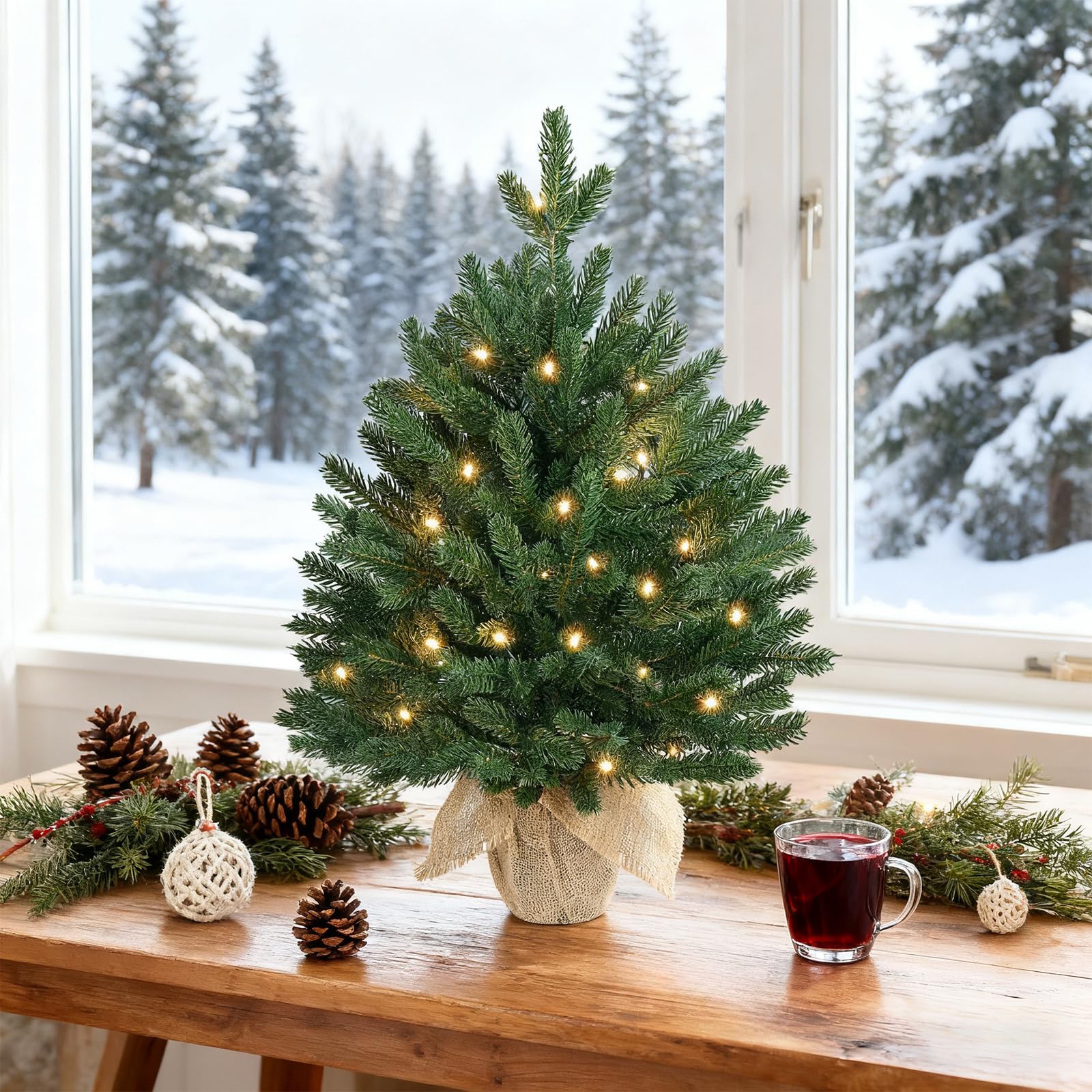 ELYKEN Mini sapin de Noël artificiel de 55,9 cm avec lumières LED, petite table, décorations de fête de Noël pour bureau, décoration d'intérieur