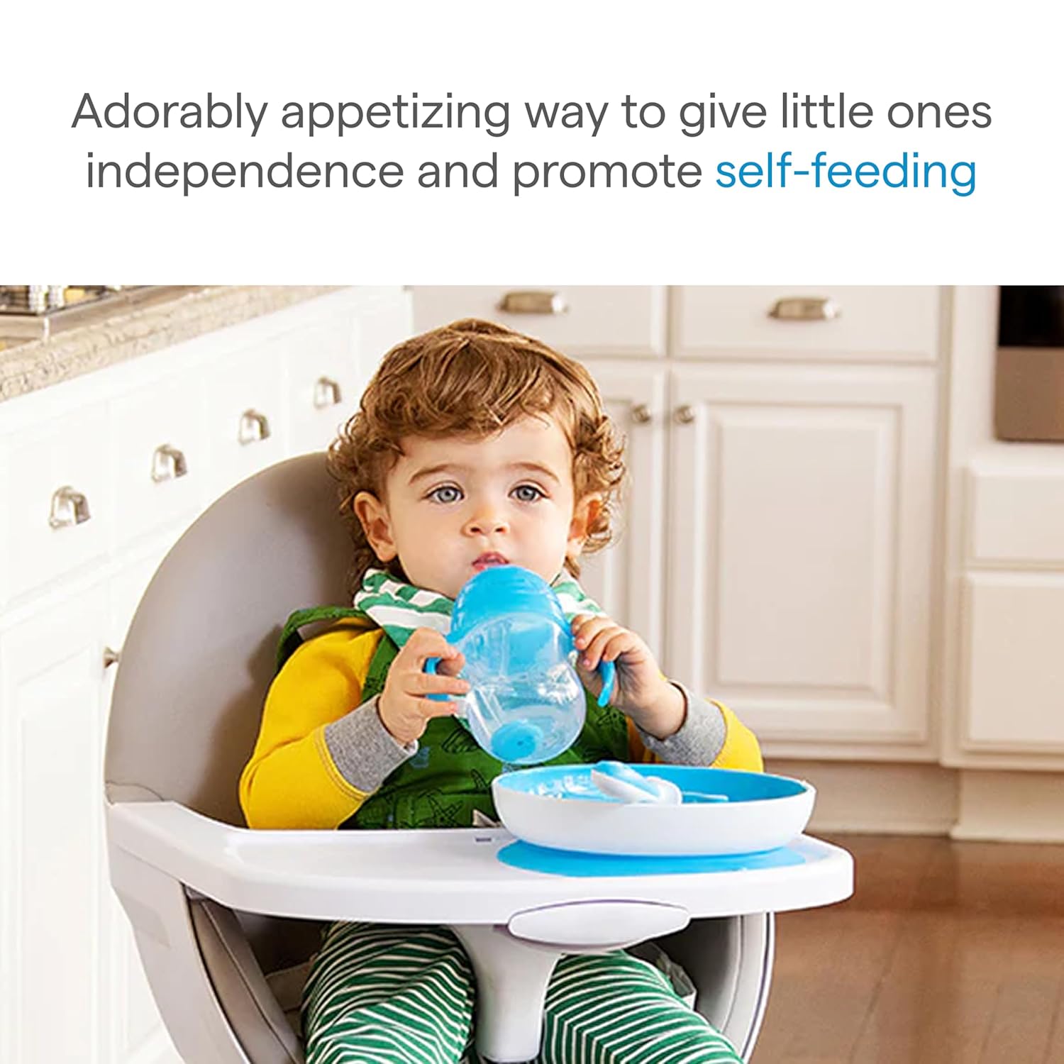 Munchkin® Be Happy Toddler Feeding Supplies Gift Set, Includes Happy Face Suction Plate, Straw Cup and Utensil Set, Blue