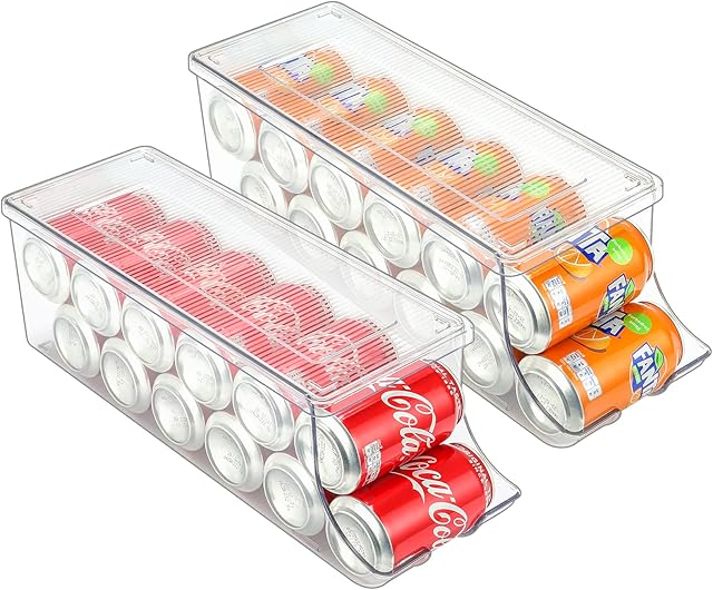 Puricon 2 Pcs Soda Can Fridge Dispenser Organizer, Clear Plastic Fridge Storage Drawer Organiser Canned Food Pop Cans Beverage Container Holder Storage Bins with Lid for Kitchen Refrigerator Storage