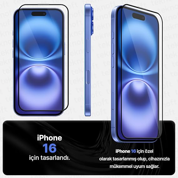 Teknoft iPhone 16 ile Uyumlu Otomatik Hizalama Aparatlı Takılırken Toz Toplama Özellikli Ekstra Güçlendirilmiş Lazer Kesim Ekran Koruyucu Kırılmaz Cam