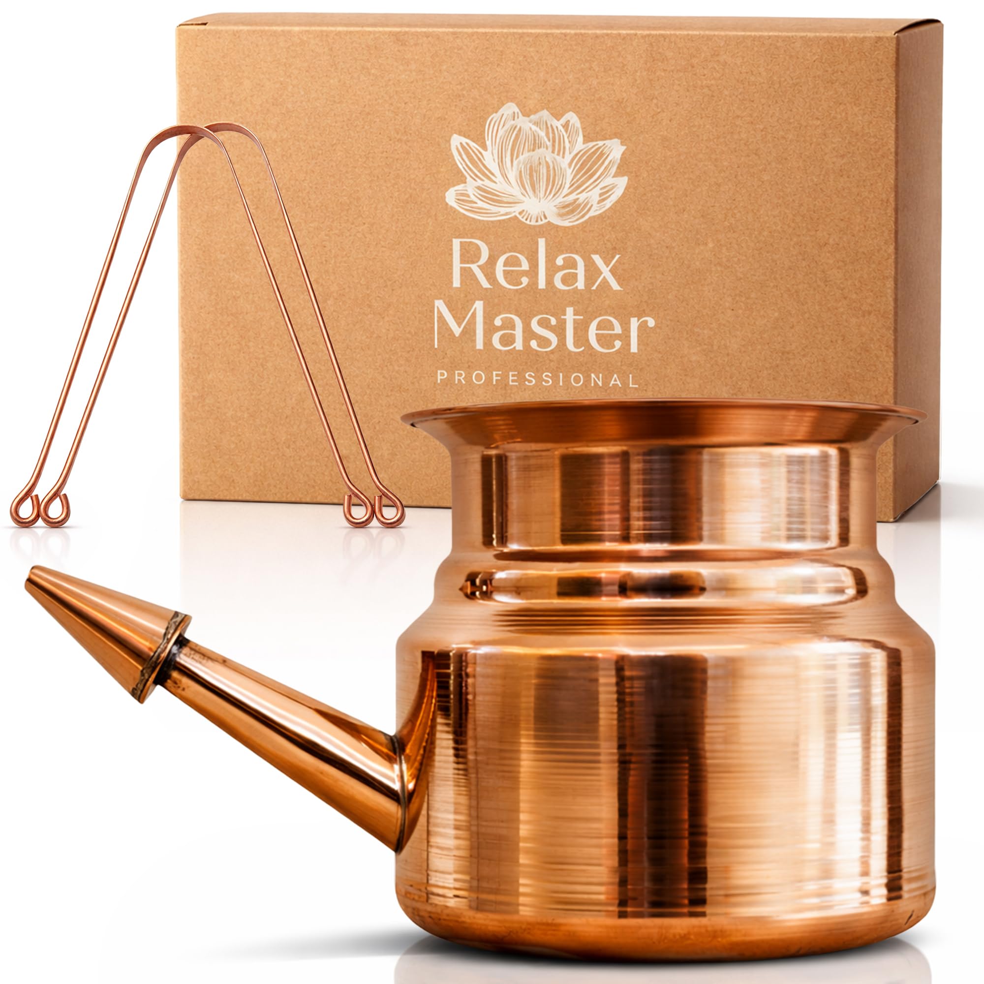 Relax Master® Miedziany Neti Pot Prysznic do Nosa ze Skrobaczką do Języka – Ajurwedyjska Higiena Nosa i Jamy Ustnej – Jala Neti Zestaw do Jogi, Zatok, Alergii – Luksusowe Pudełko Prezentowe