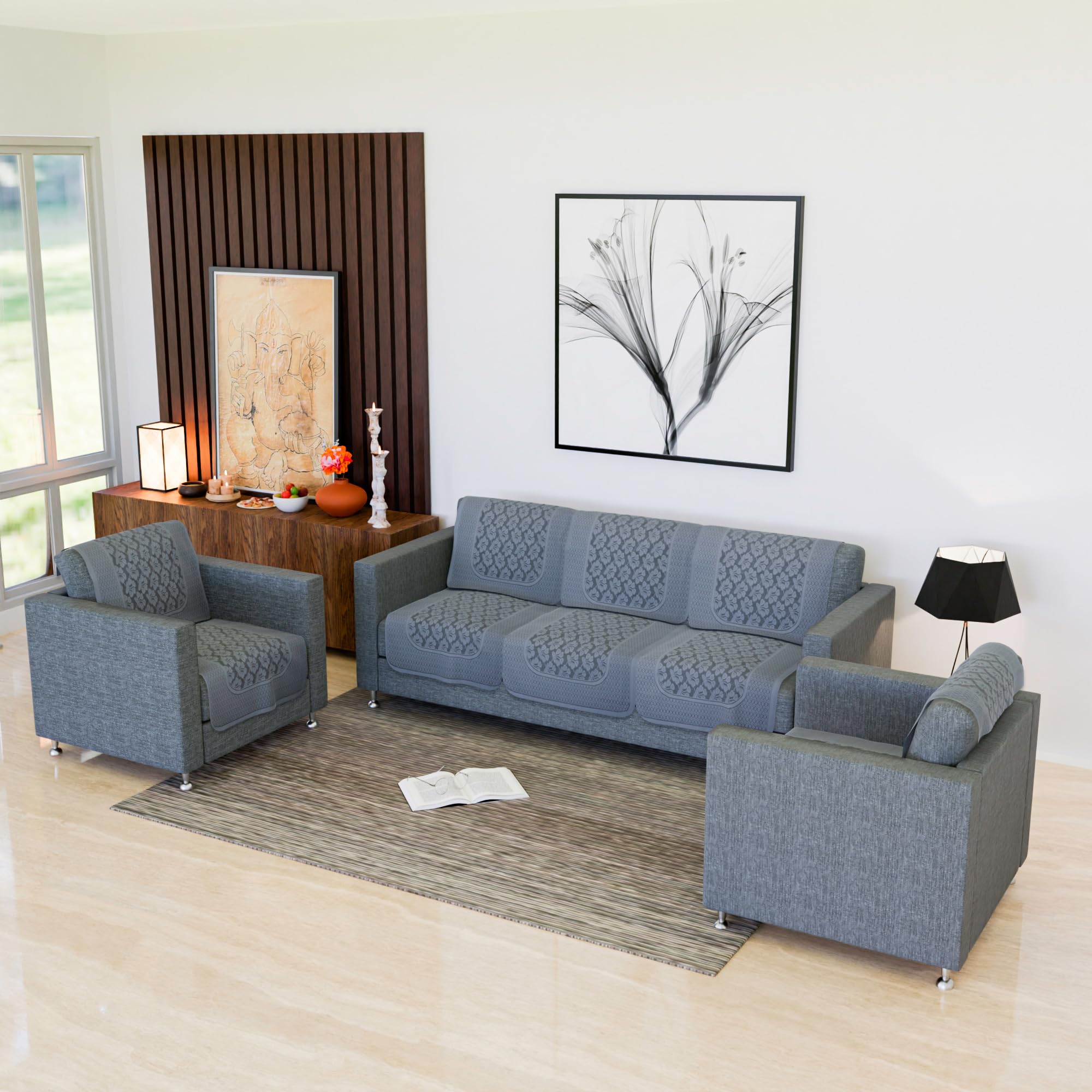 Kuber Industries Sofa Cover | Net Sofa Slipcover Set | 5 Seater Sofa Cover for Hall | Couch Sofa Cover Set | Sofa Cover for Home | Sofa Cover for Living Room | Plain Leonardo Flower Print | Grey-image-45