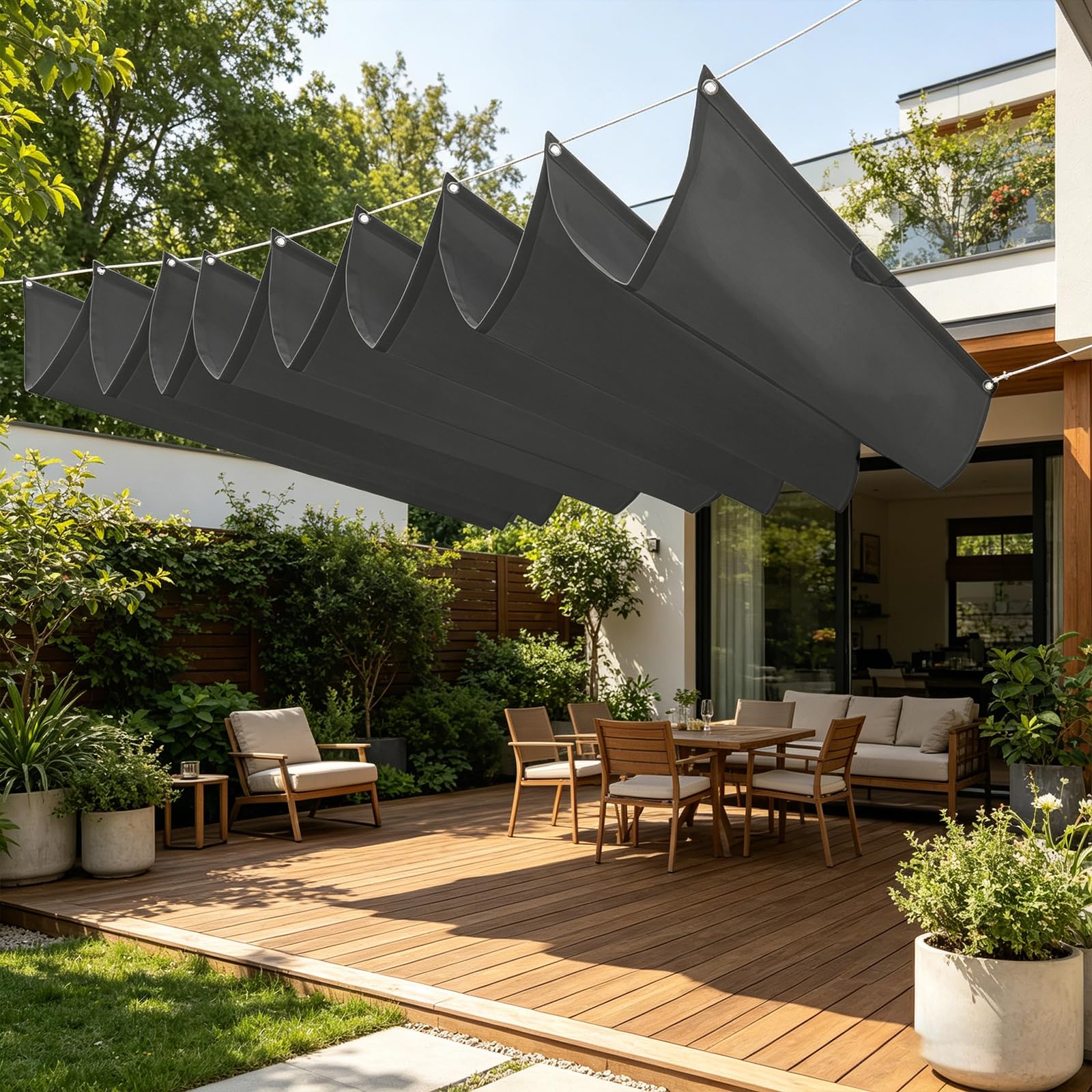 Wellenmarkise 0.8 x 4 m Wasserdicht, 98% Uv-Schutz, Sonnenschutz, PES Reißfest, Nach Maß, Maßgeschneidert Sunsegel, Markise mit Ösen Und Kordel für Terrasse Pergola, Dunkelgrau