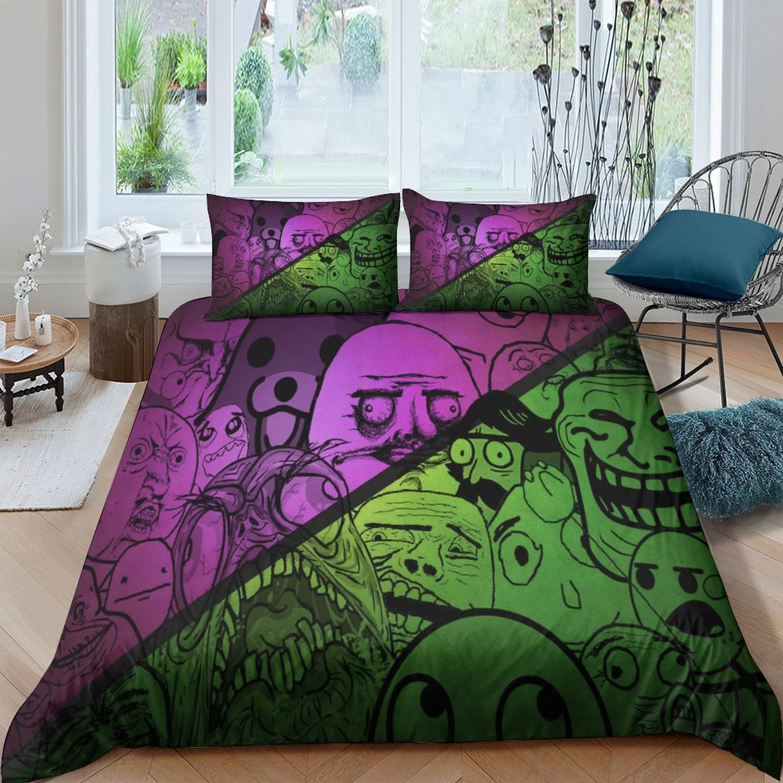 Housse de couette bandes dessinées 200x200 parure lit microfibre vert violet