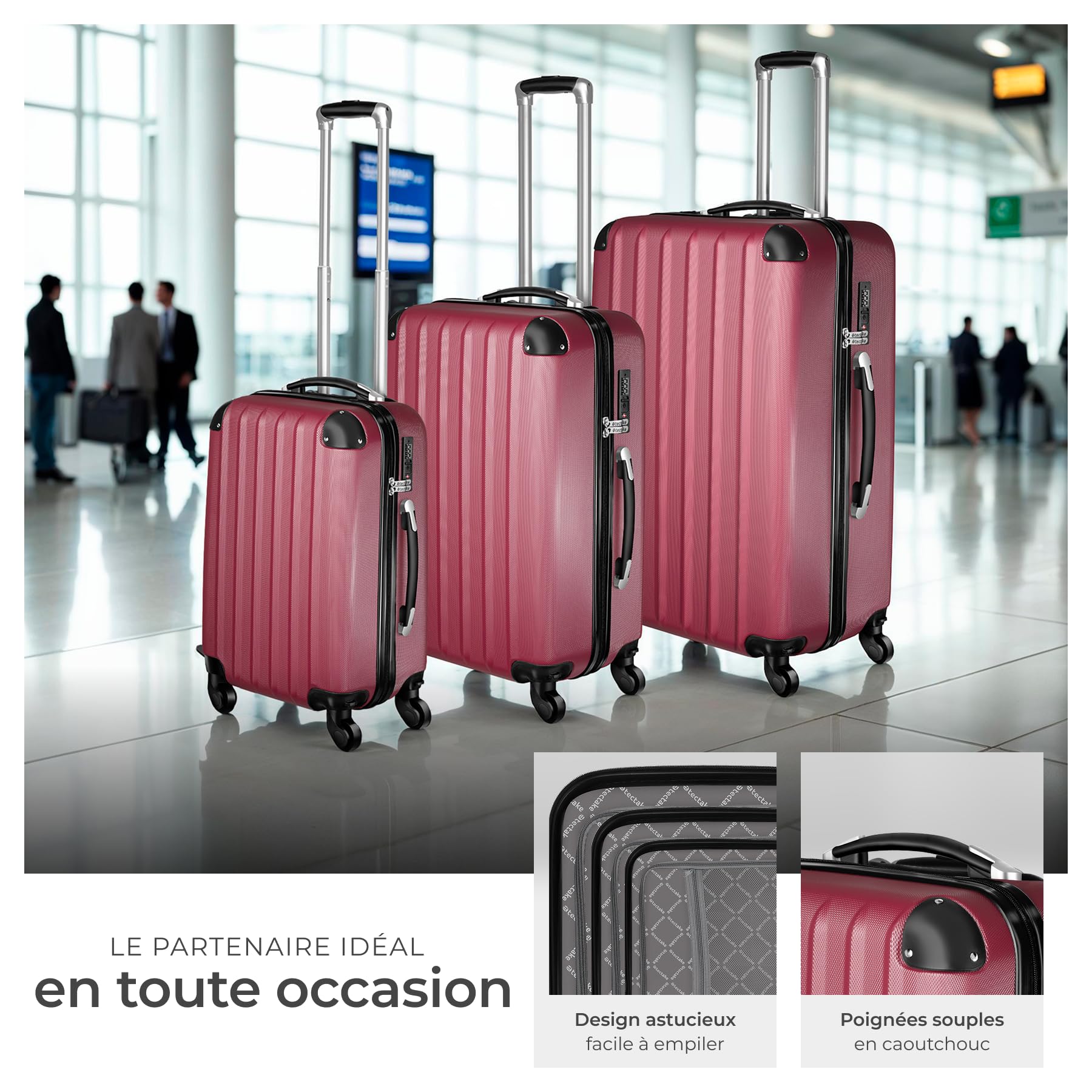 tectake® Set de Valises de Voyage 3 Tailles Valise Grande Taille, Cabine et Petite Valise Sacs de Voyage Valises Maternité ABS avec roulettes Pivotantes 360° Cadenas Poignée télescopique
