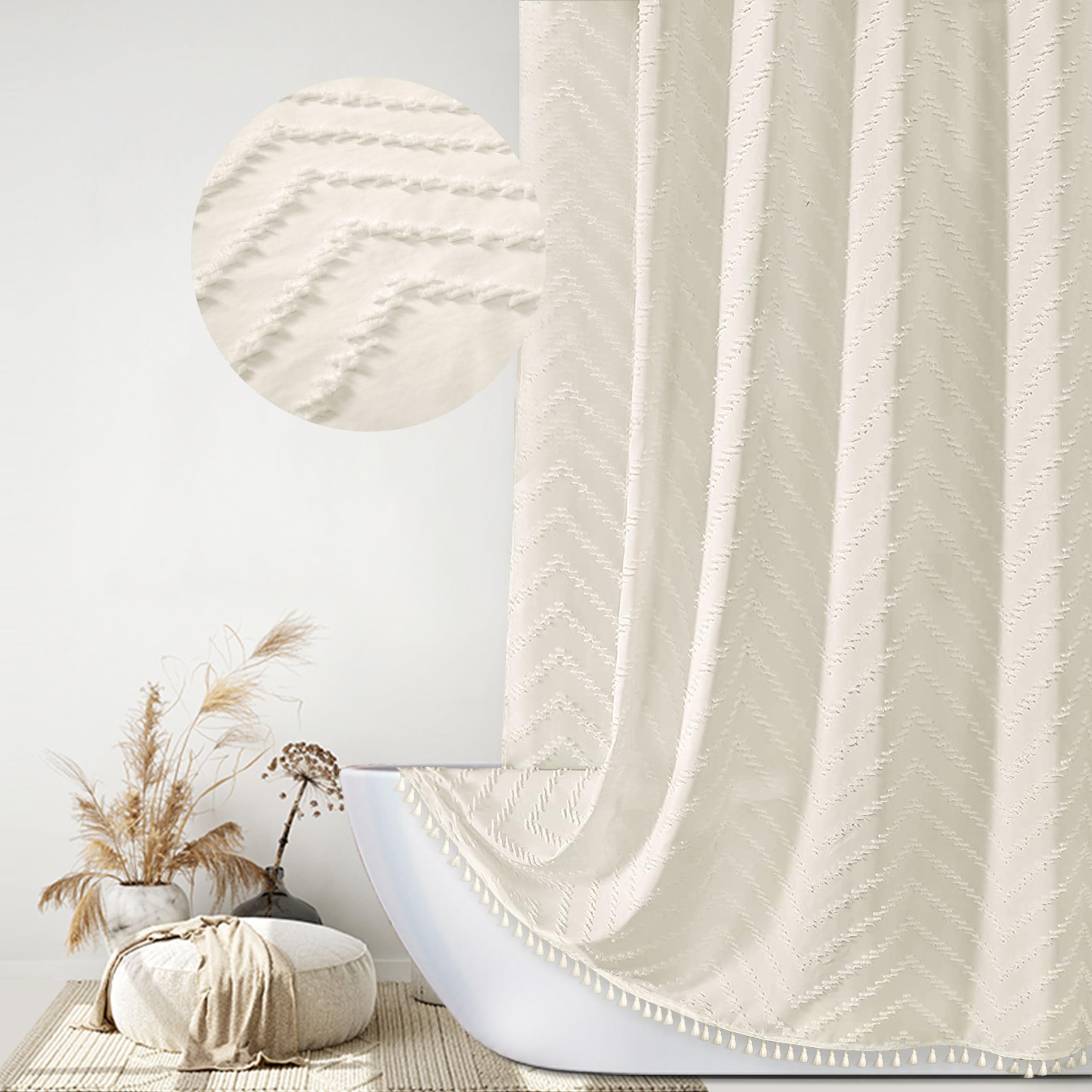 Siiluminisoy Boho Farmhouse Shower Curtain - Woven Fabric, Cream, 72 x 72, Tufted Chevron Textured Striped Modern Minimalist for Bathroom โ image 1