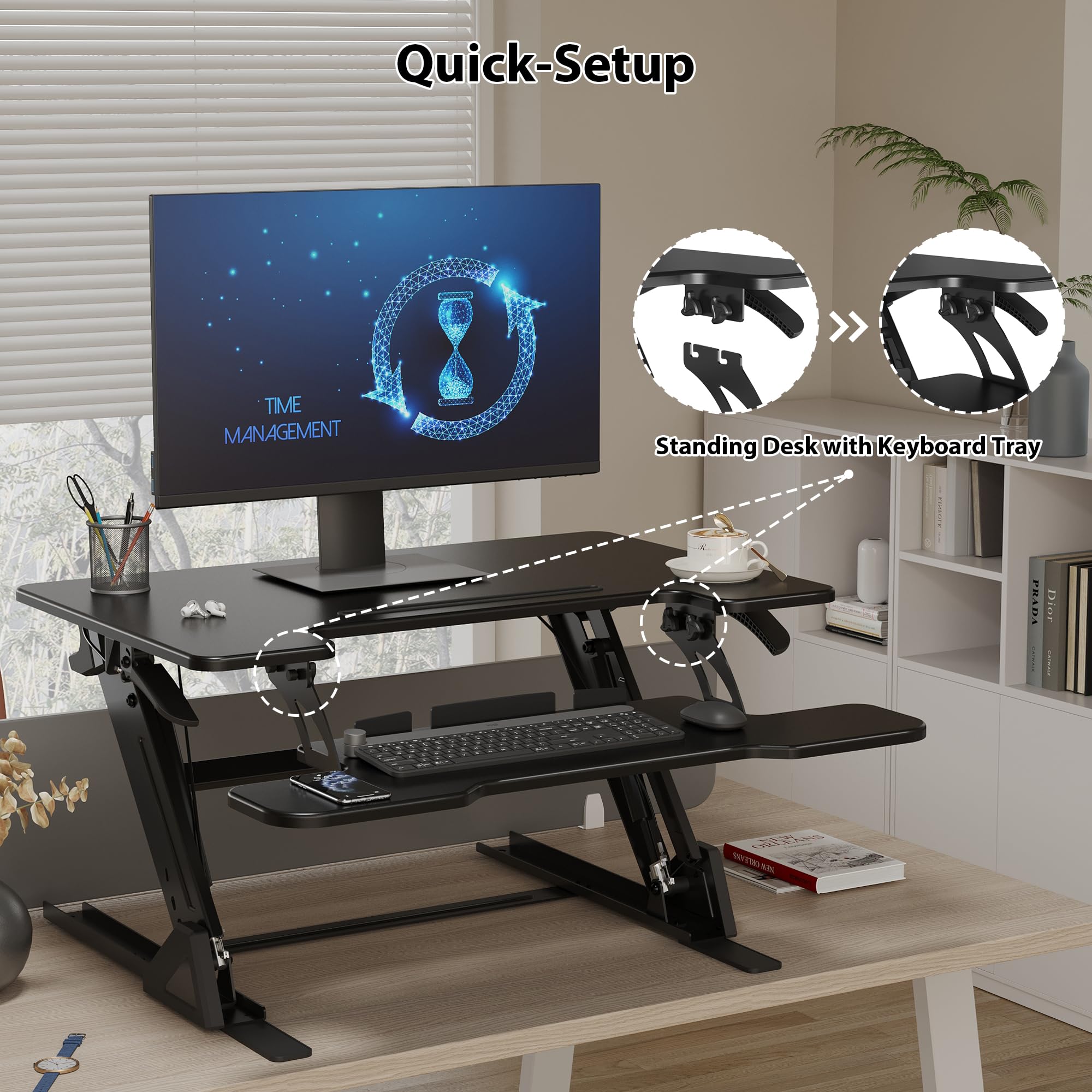BONTEC Escritorio Elevable de Pie, Convertidor de Escritorio Ajustable con Resorte de Gas Doble, Plataforma para Doble Monitor 81,3cm x 52,2cm, Capacidad 15kg, Diseño Ergonómico, Fácil Montaje