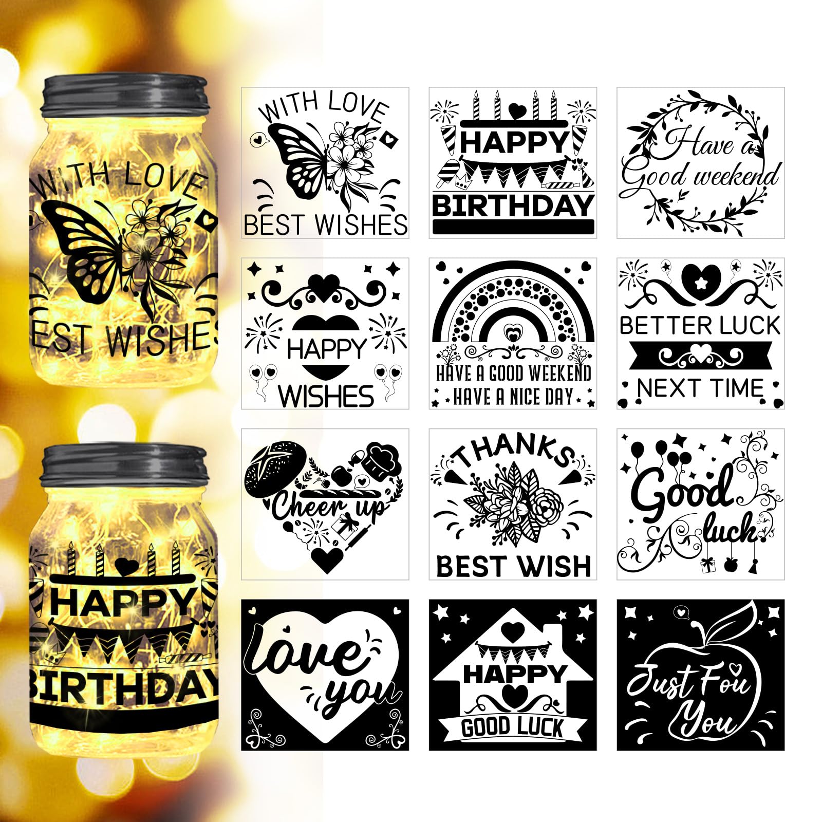 Peacoblue Festival Word Silhouette Mason Jar Decor, Lantern Cutouts 12PCS