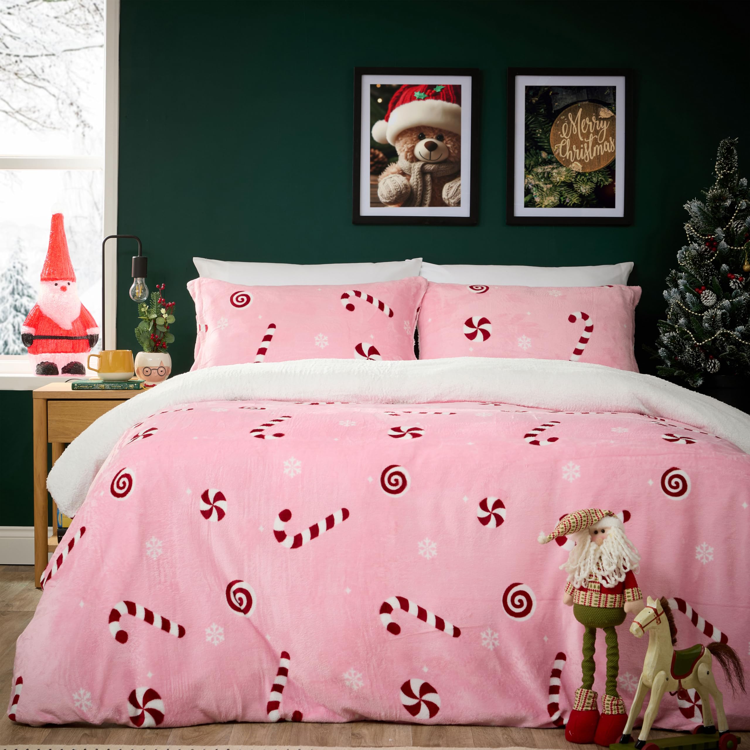 Olivia Rocco Teddy Duvet Cover Set Candy Cane Fleece Soft Fluffy Quilt Sets Thermal Warm Cosy Winter Bedding, Pink King