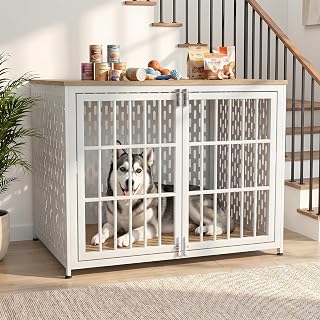 Heavy Duty Dog Crate Furniture 42 Inch, Decorative Dog Cage, Oak White