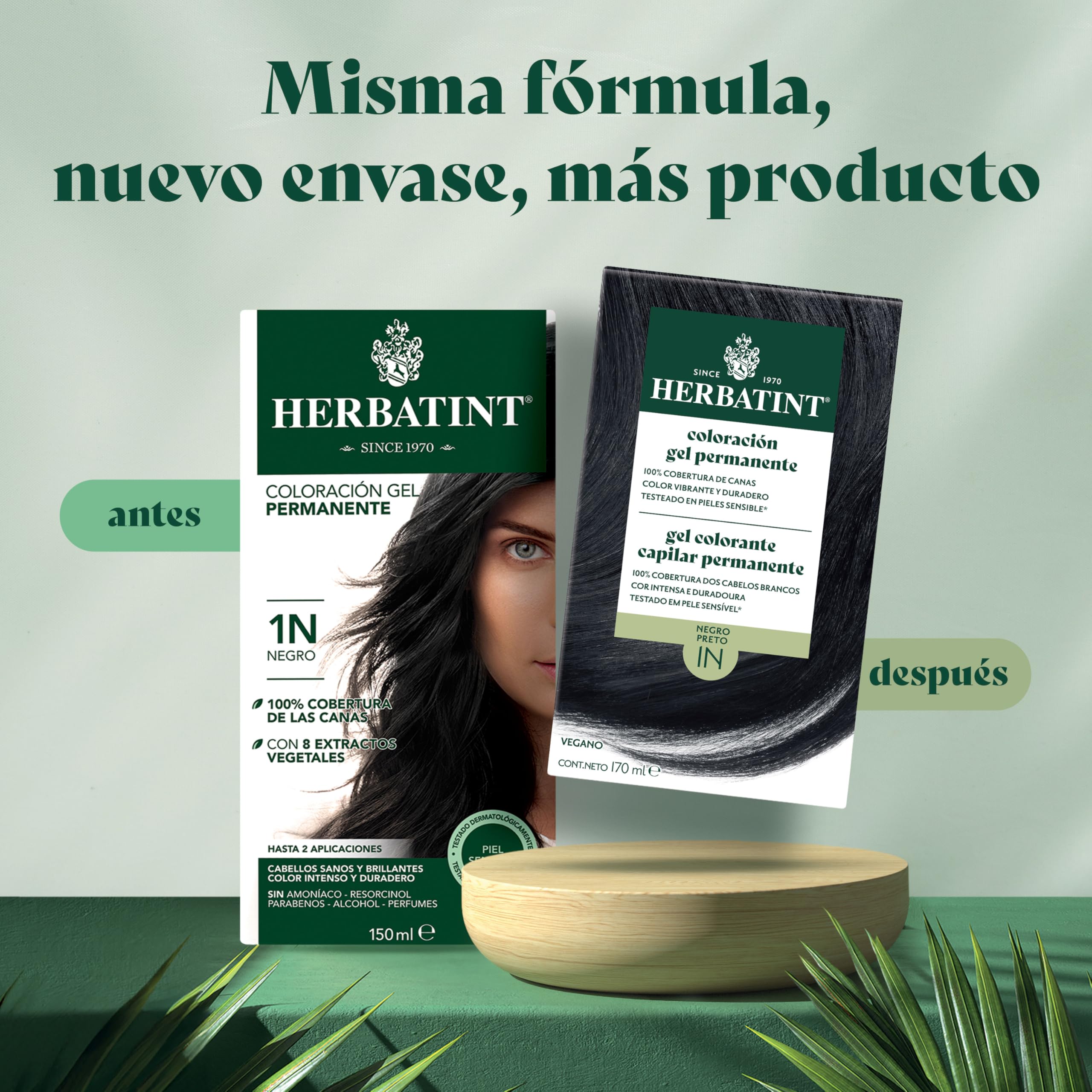 Herbatint Trwały żel do włosów farbowanie 1N czarny - 170 ml, bez amoniaku, 100% pokrycie siwych włosów, dla wrażliwej skóry, z 8 naturalnymi ekstraktami z biologicznych
