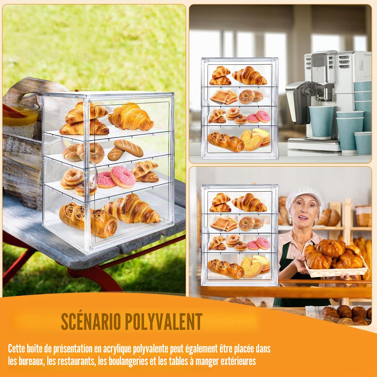 Présentoir à pâtisseries, boîte à pain pour comptoir de cuisine, 4 niveaux réglables, transparent, avec porte magnétique, présentoir pour comptoir de cuisine, support à pain