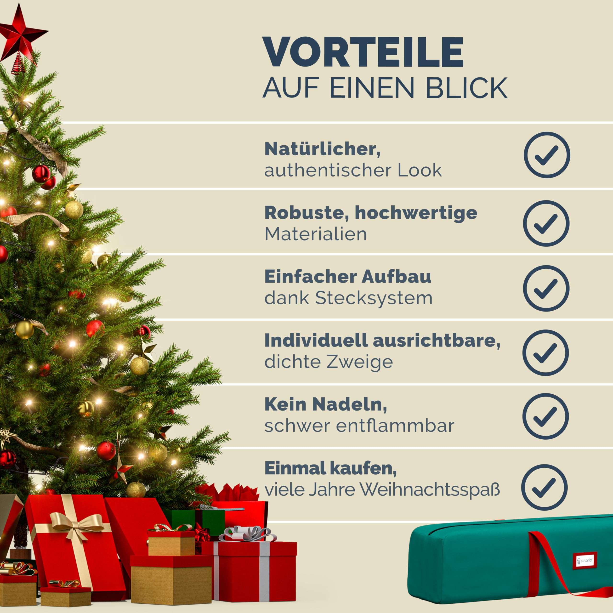 CASARIA® Premium Weihnachtsbaum künstlich XL 180 cm FSC®-Zertifiziert naturgetreu dichte Spitzen Stabiler Holzständer einfacher Aufbau Tannenbaum